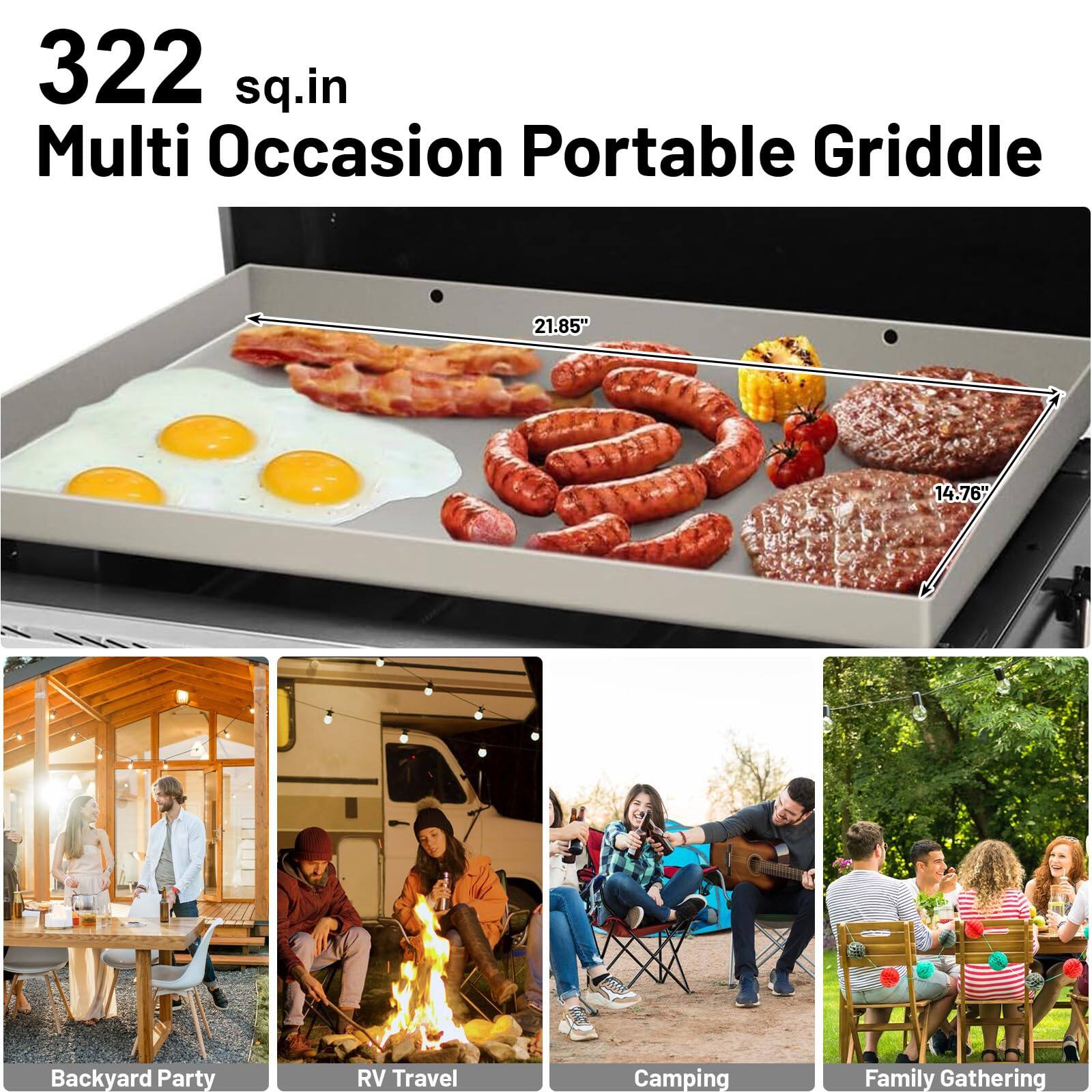 322 sq.in  
Multi Occasion Portable Griddle  

21.85" x 14.76"  

Backyard Party  
RV Travel  
Camping  
Family Gathering