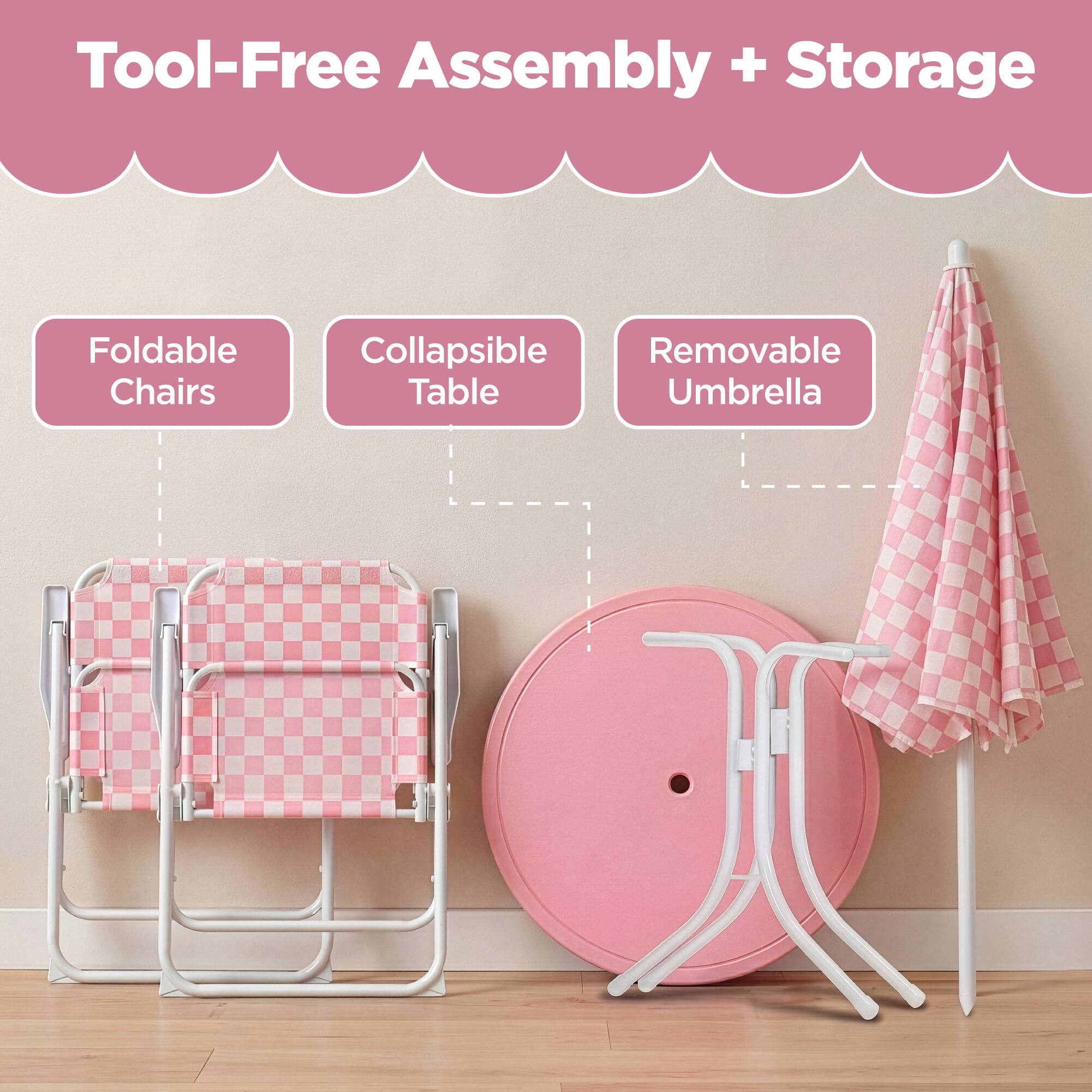 Tool-Free Assembly + Storage

- Foldable Chairs
- Collapsible Table
- Removable Umbrella