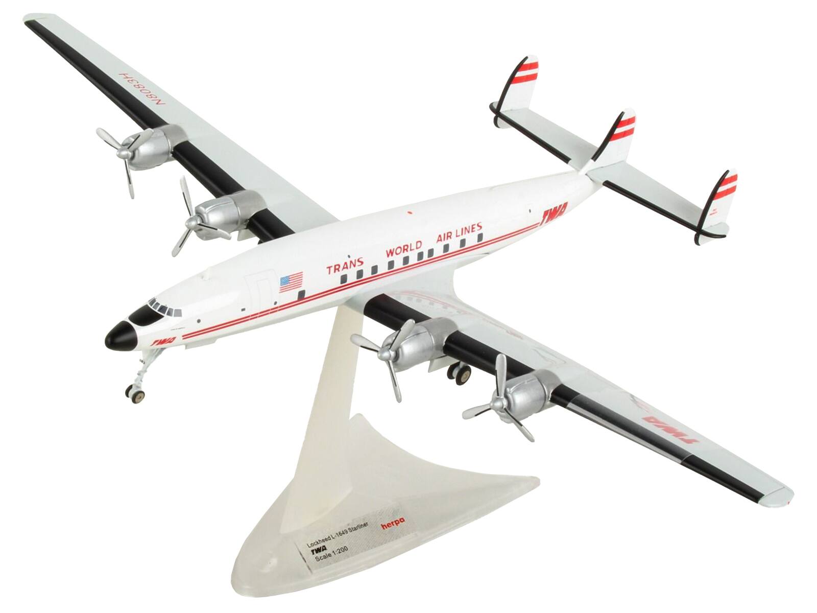 N8083H  
AIR LINES  
WORLD TRANS  
TWA  
TMO  
herpa  
4 1649  
Leckheed  
TWA  
1:200 Scale  
Lockheed L-1649 Starliner  
TWA  
Scale 1:200