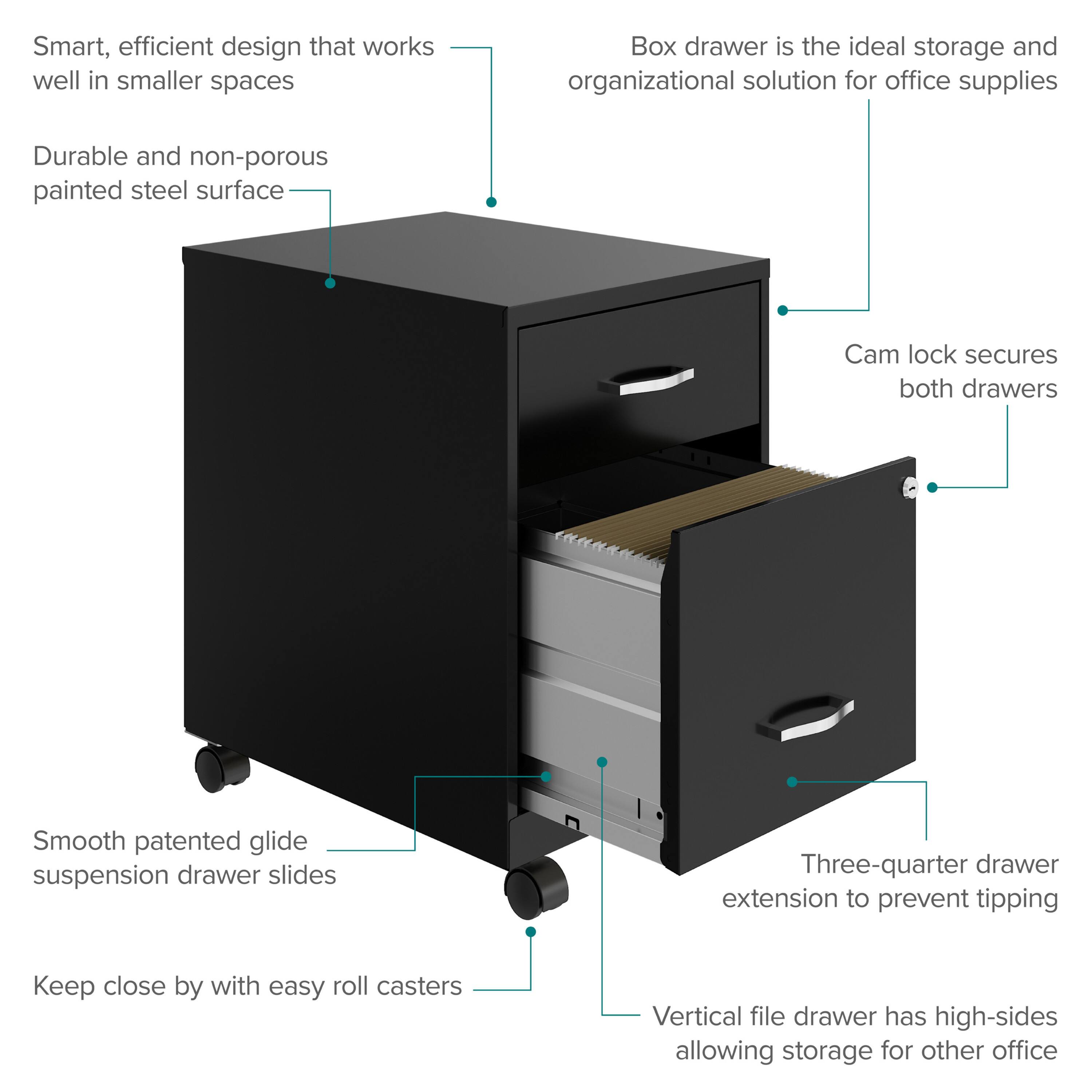 - Smart, efficient design that works well in smaller spaces
- Durable and non-porous painted steel surface
- Box drawer is the ideal storage and organizational solution for office supplies
- Cam lock secures both drawers
- Smooth patented glide suspension drawer slides
- Three-quarter drawer extension to prevent tipping
- Vertical file drawer has high-sides allowing storage for other office
- Keep close by with easy roll casters