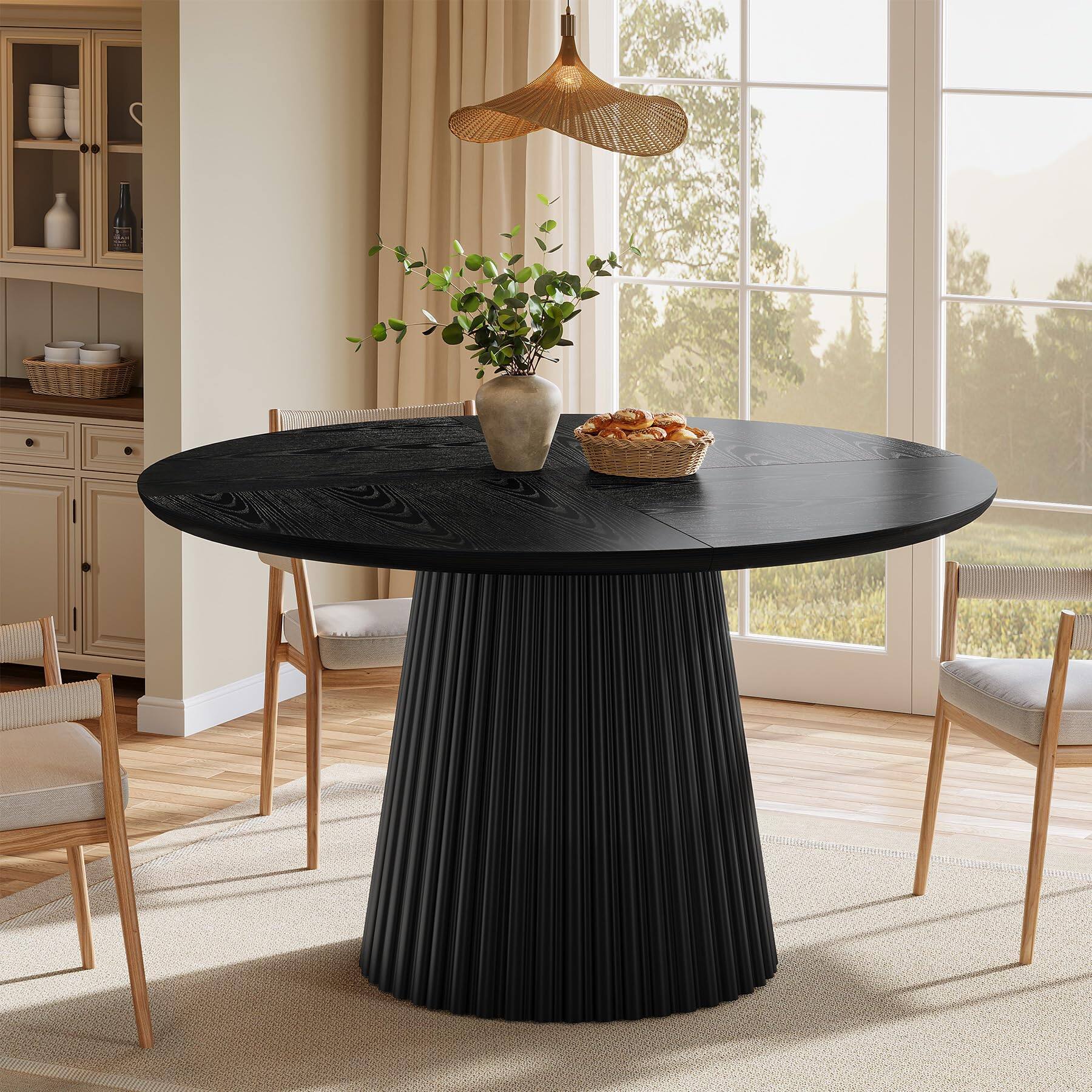 Left. Tribesigns - 47" Round Dining Table for 4-6 People, Wood Farmhouse Kitchen Table with Fluted Pedestal Base for Dining Room, Kitchen, - Black.