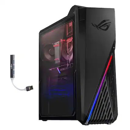 Front. ASUS - ROG Strix GA15 Desktop PC (Ryzen 7 5800X, 64GB, 2TB SSD, RTX 3070, Bluetooth 5.1, Win 11 Home) w/USB Hub - Black.