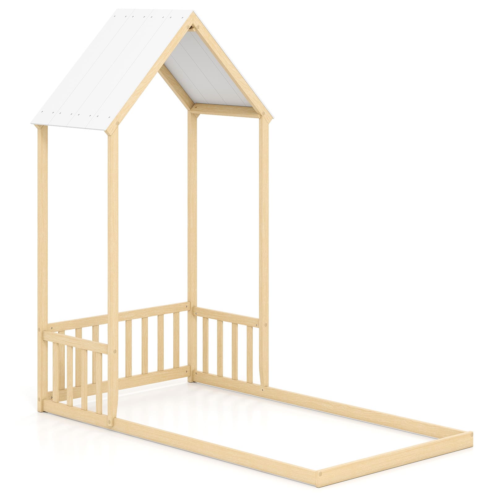 Costway - Twin Size House Bed Montessori Floor Bed with House Shape Roof & Semi-Fence - Natural price history on PriceWatchPro