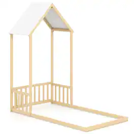 Costway - Twin Size House Bed Montessori Floor Bed with House Shape Roof & Semi-Fence - Natural