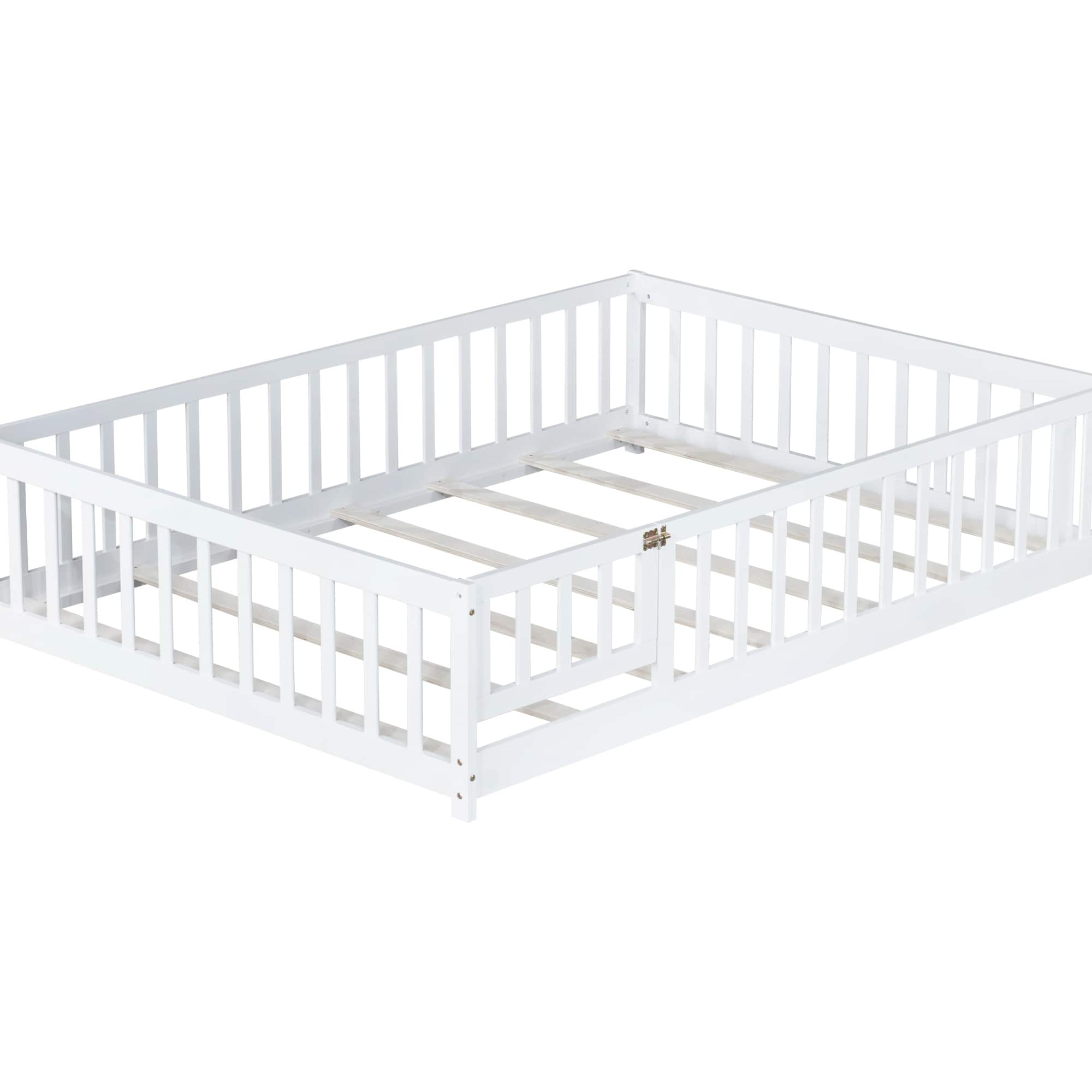 GOODSILO - Full Size Low Profile Children's Floor Bed with Safety Guardrails and Entry Door, Solid Wood Construction - White