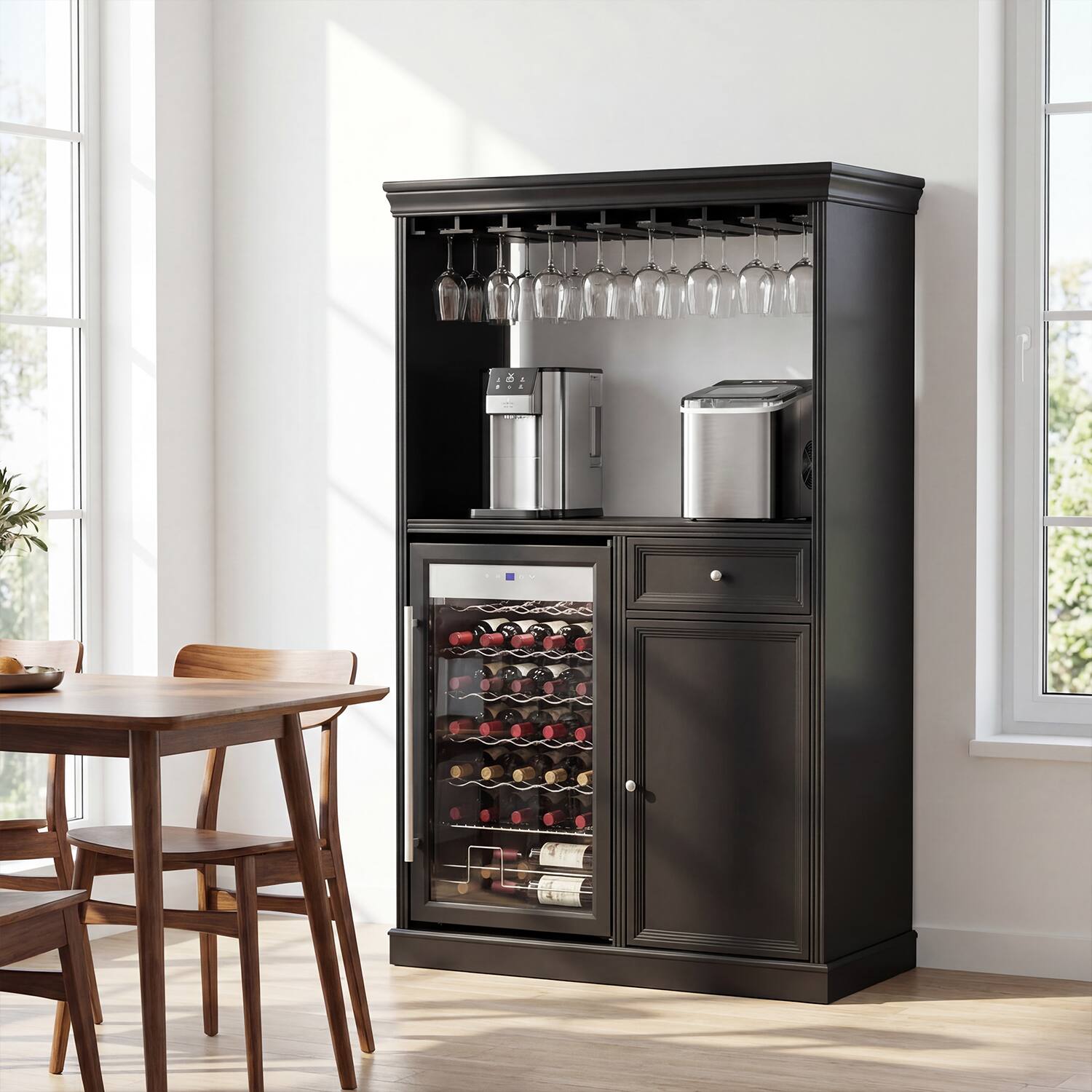 Back. Famapy - Bar Cabinet with 85L Wine Fridge, Holds 34 Bottles, Freestanding Liquor Cabinet with Glass Rack, Drawer & Storage - Black.