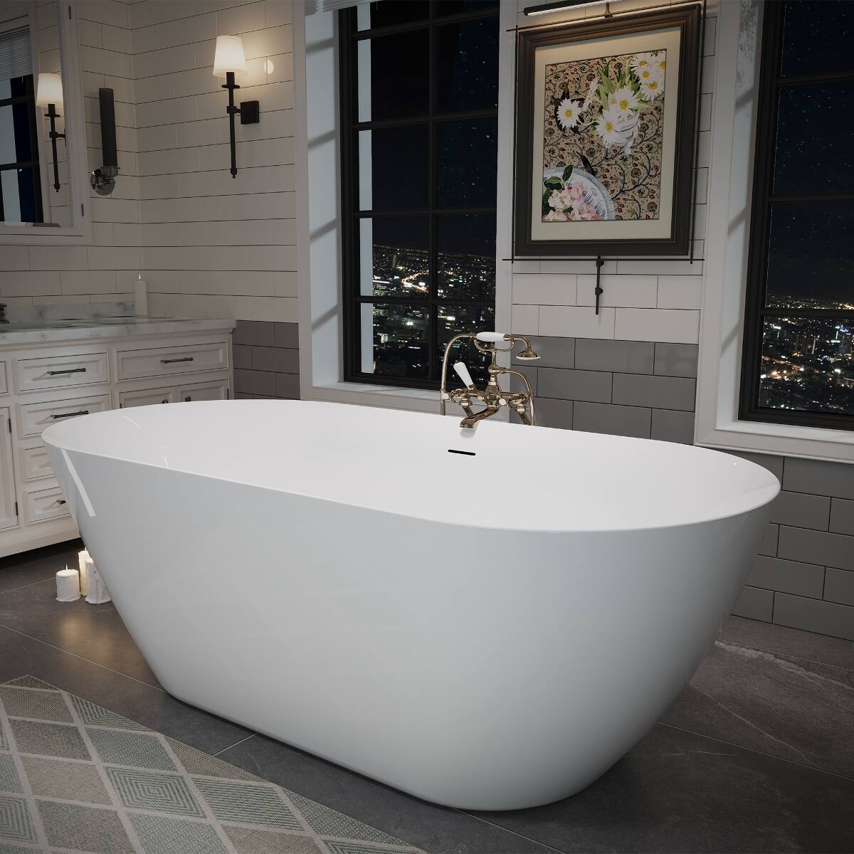 Alt View 6. Loheer - Loheer Acrylic Freestanding Bathtub Oval Deep Soaking Tub with Pop Up Drain Integrated Overflow Glossy White 63 Inch - Glossy White.