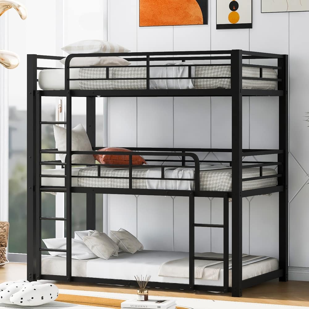 Loheer - Metal Triple Bunk Bed Twin Over Twin Over Twin Heavy Duty Space Saving Frame - Black