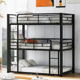Loheer - Metal Triple Bunk Bed Twin Over Twin Over Twin Heavy Duty Space Saving Frame - Black
