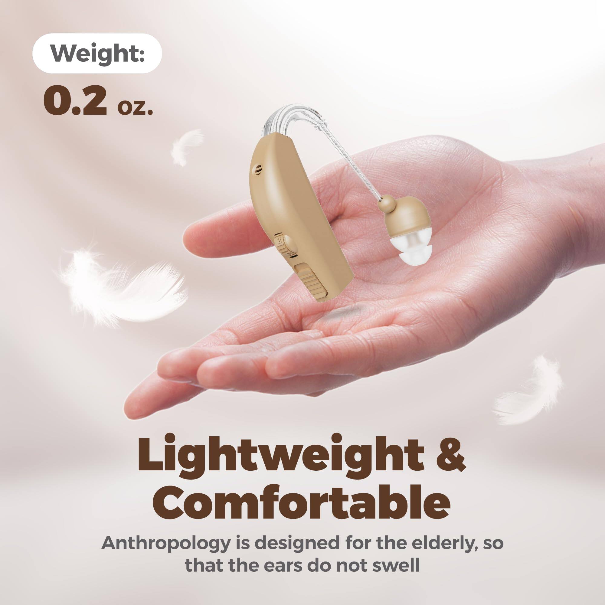 Weight: 0.2 oz.

Lightweight & Comfortable

Anthropology is designed for the elderly, so that the ears do not swell.