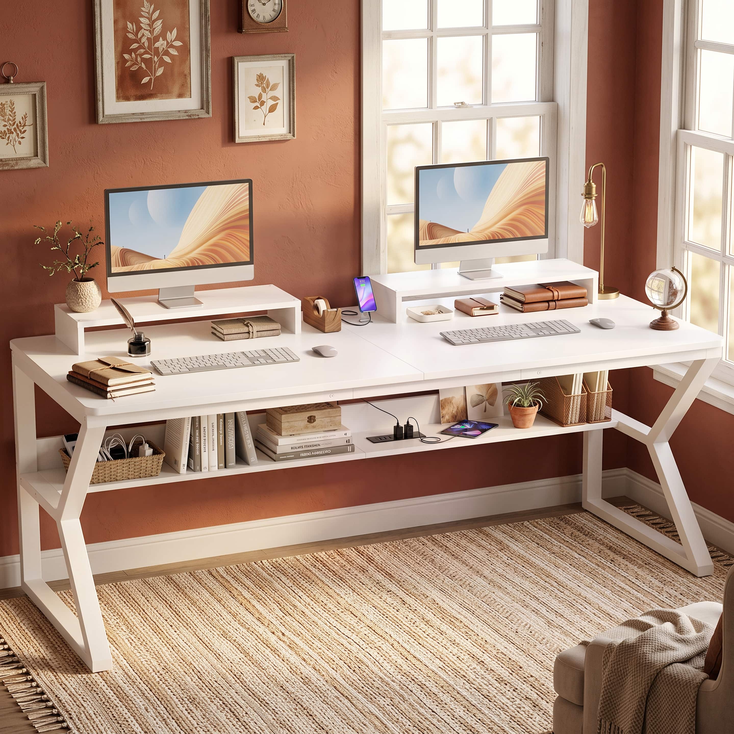 Aheaplus - 63 Inch Extra Long Computer Desk with Charging Station, Large Workstation for Home & Office - White