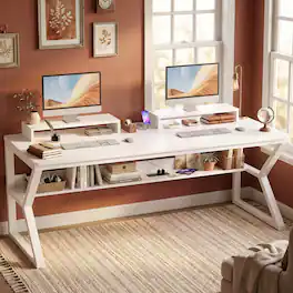 Aheaplus - 63 Inch Extra Long Computer Desk with Charging Station, Large Workstation for Home & Office - White