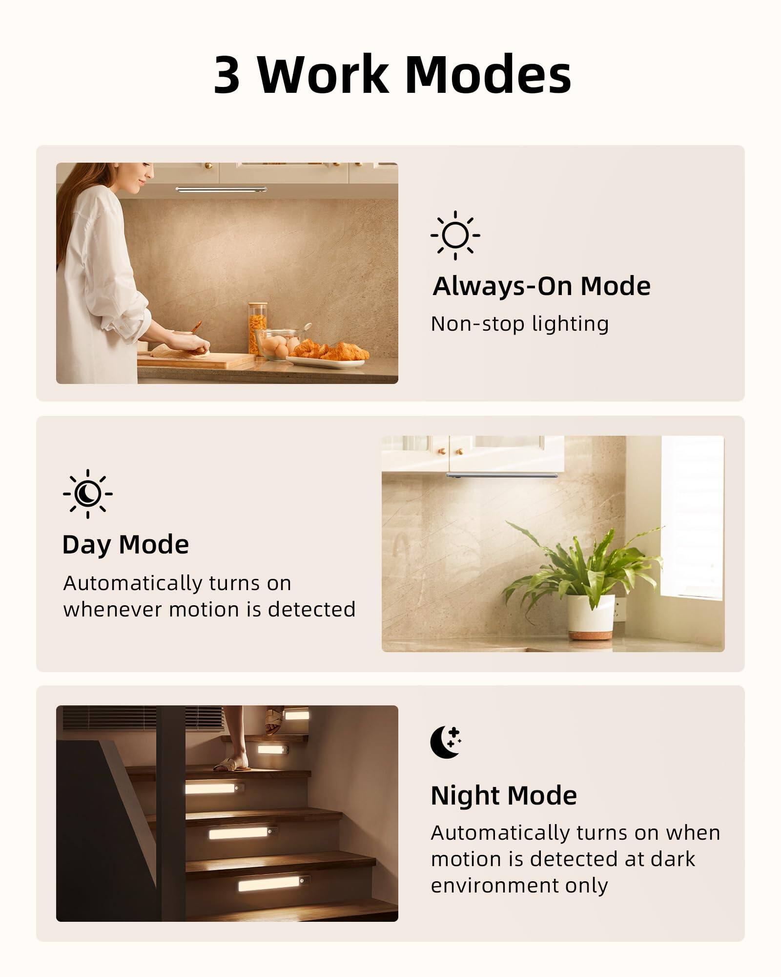 3 Work Modes

Always-On Mode  
Non-stop lighting

Day Mode  
Automatically turns on whenever motion is detected

Night Mode  
Automatically turns on when motion is detected at dark environment only