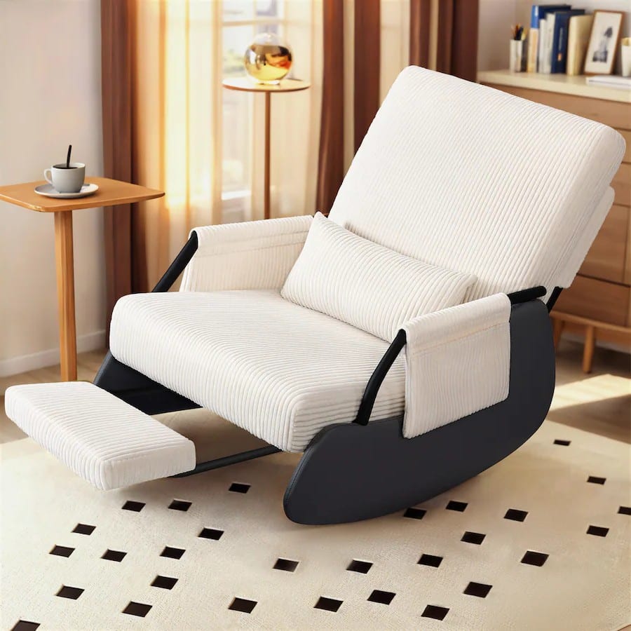 KERDOM - Corduroy Rocking Chair with Footrest, Cover Washable, Upholstered Cradle Armchair Nap Recliner Glider Chair with Ottoman - White