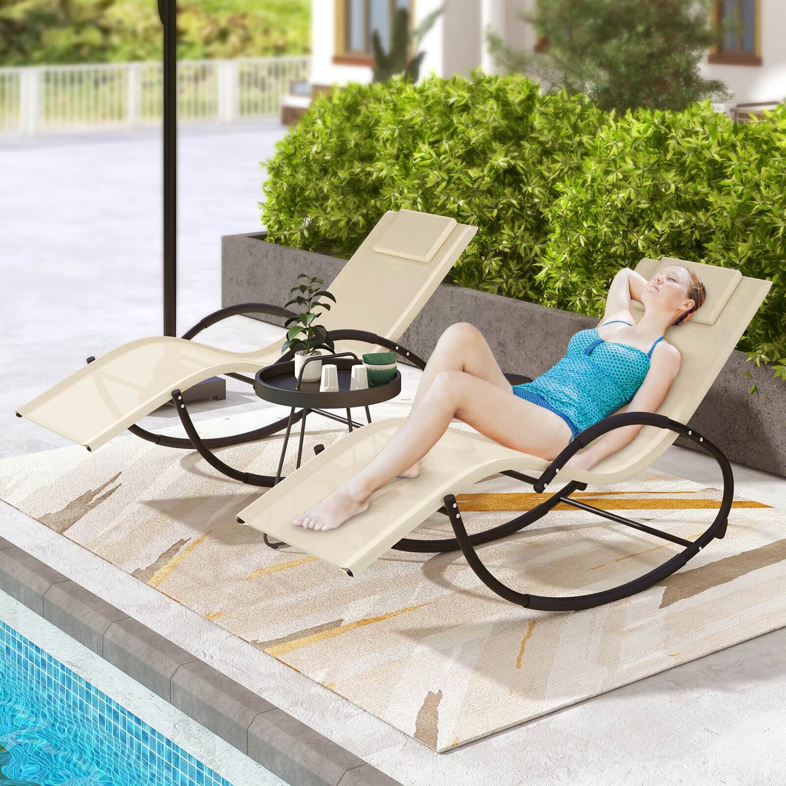 Alt View 1. Costway - Costway 2 PCS Outdoor Rocking Lounge Chair with Removable Headrest Breathable Backrest & Seat - Beige.