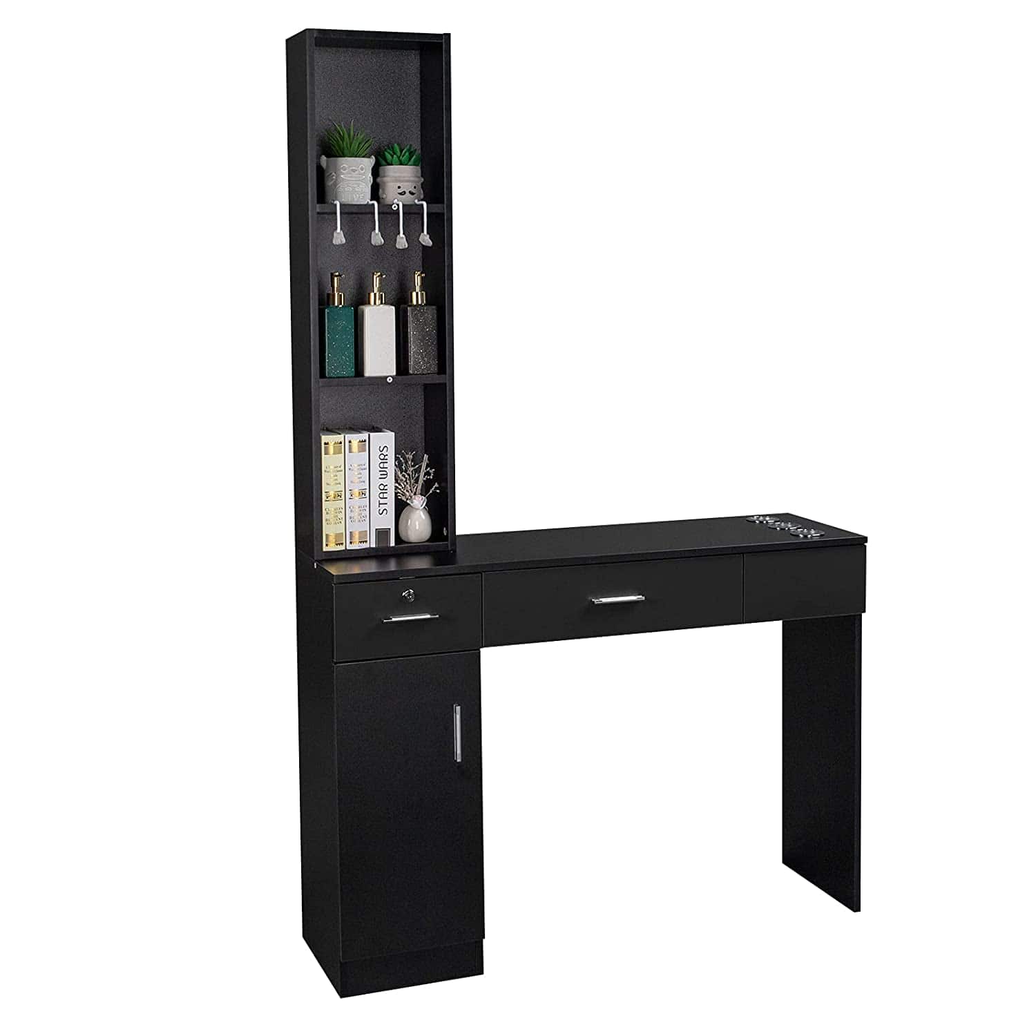 Winado - Professional Makeup Vanity Table Salon Styling Station with Drawer, Storage Cabinet, Hair Dryer Holders for Beauty Home - Black