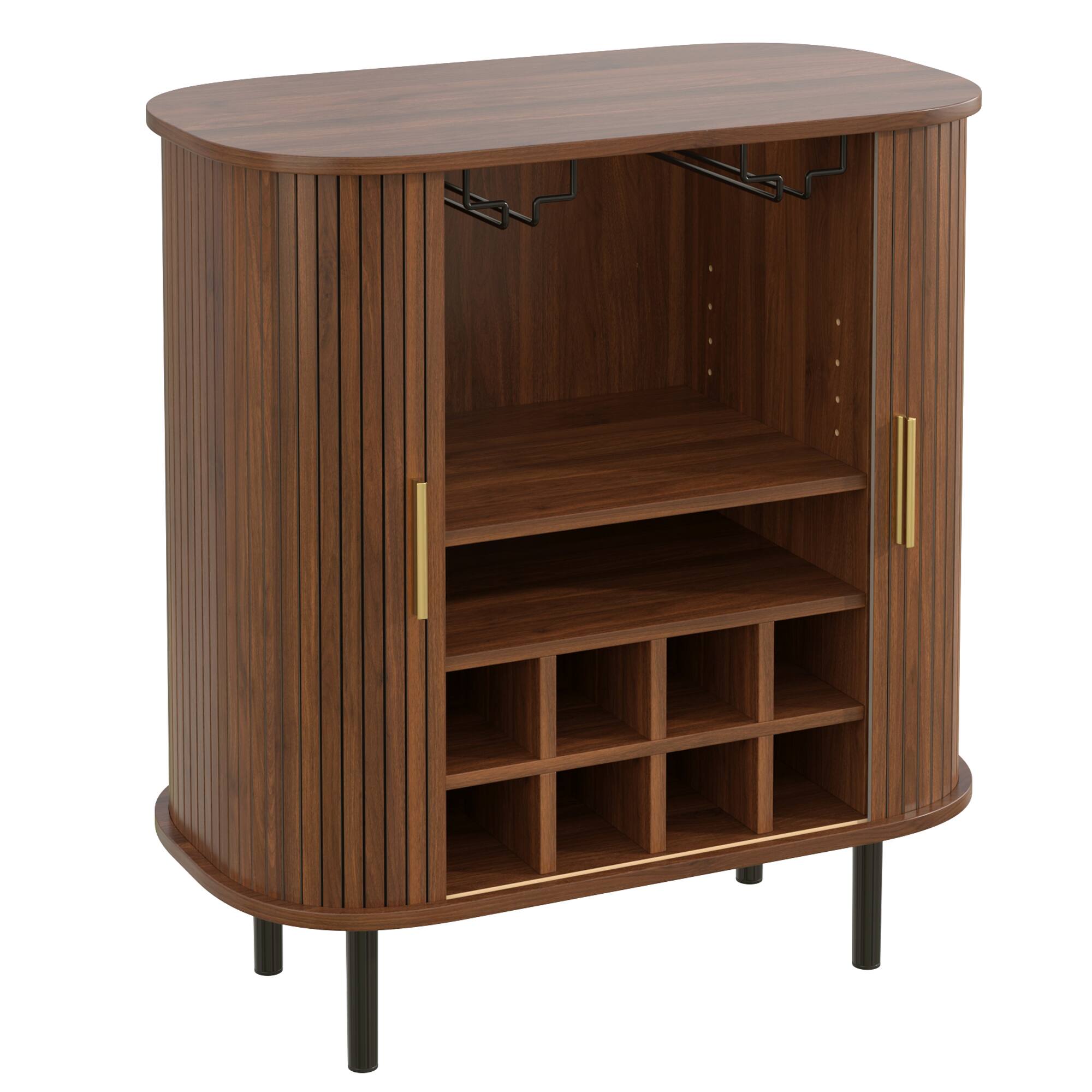 Alt View 8. Forest'nSky - 28" Fluted Wine Bar Cabinet Sideboards with 8-Grid Wine Rack, 5-Level Adjustable Shelves,Walnut - Walnut.