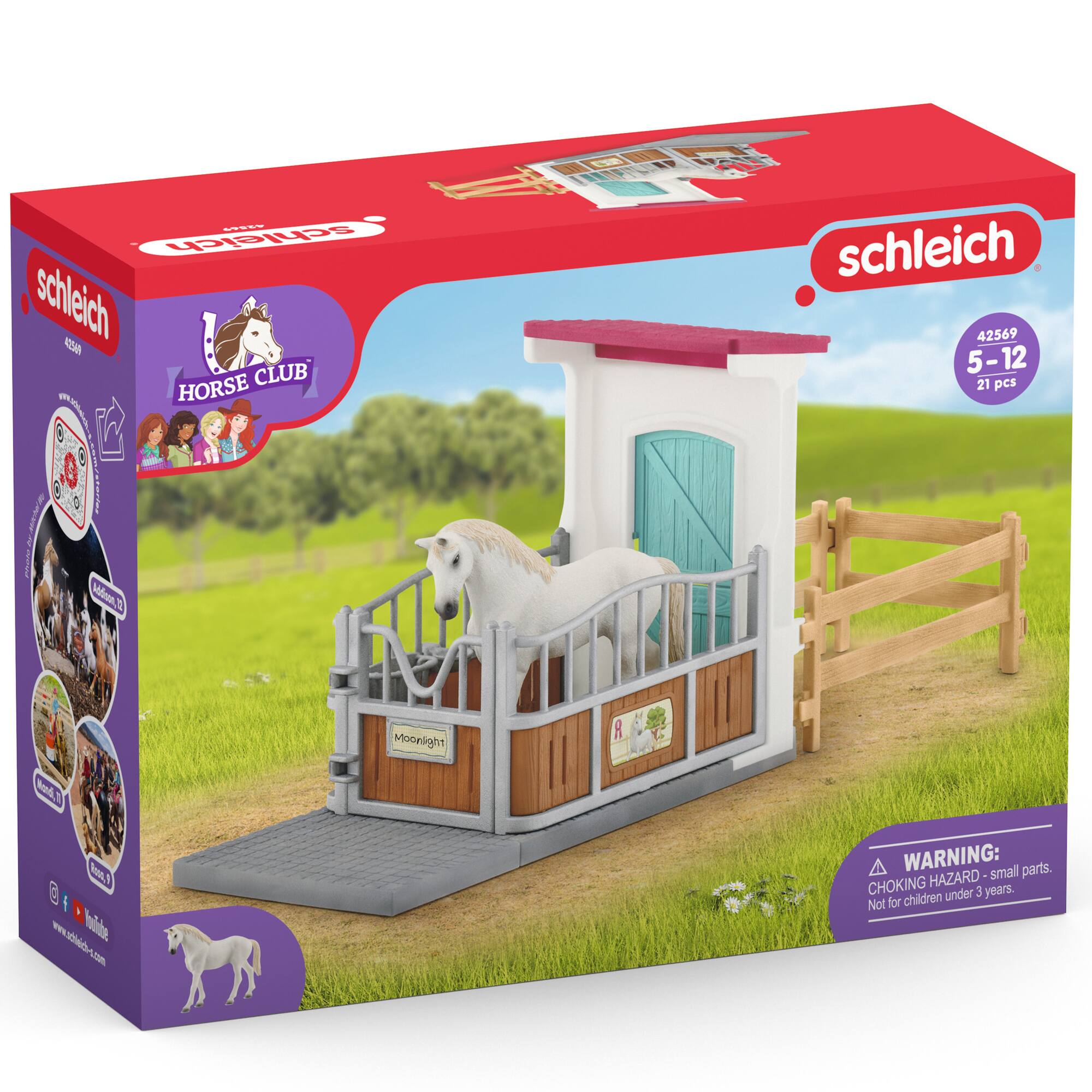 The text on the image reads: "Schleich 45 Club in Horse Club! 5-12 21 pcs. Moonlight Aml 1 faac A 8 hodide. www.adi4dcam. N - WARNING: small parts. CHOKING HAZARD under 3 years. Not for children."
