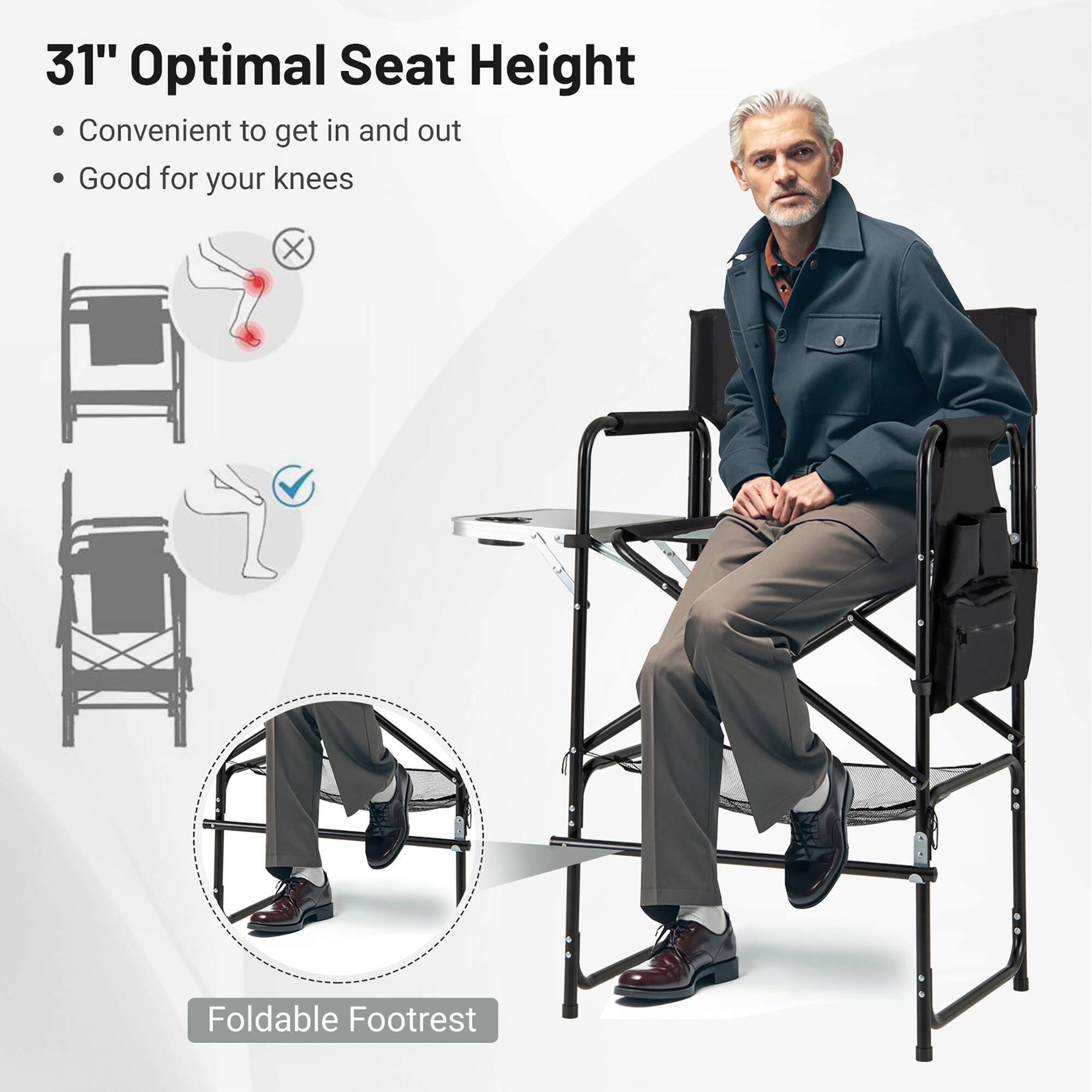 31" Optimal Seat Height  
- Convenient to get in and out  
- Good for your knees  

Foldable Footrest