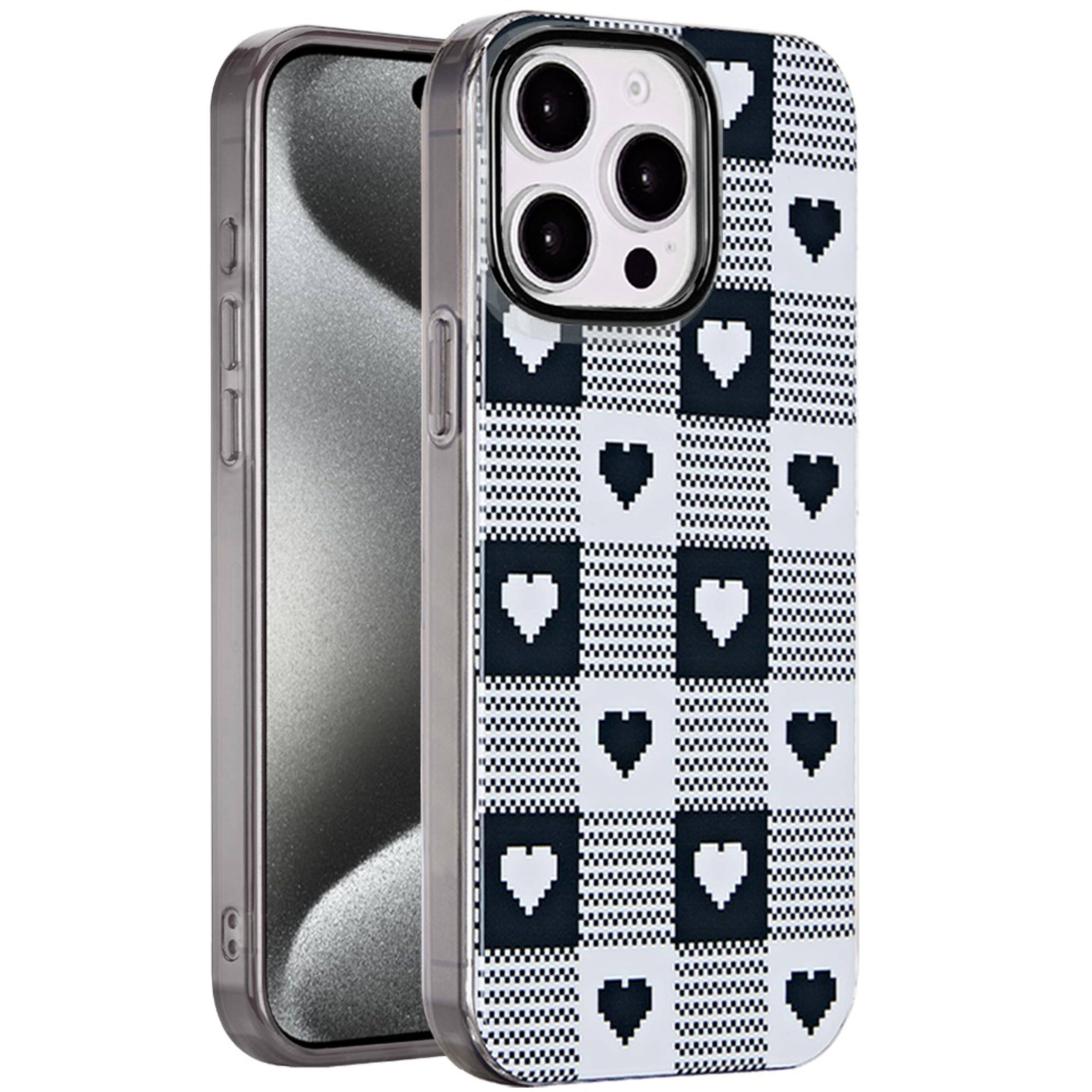 Front. Kitcheniva - Dual Layer TPU Protective Case With Tempered Glass For iPhone 15 Pro Max Checker Hearts - Multicolor.