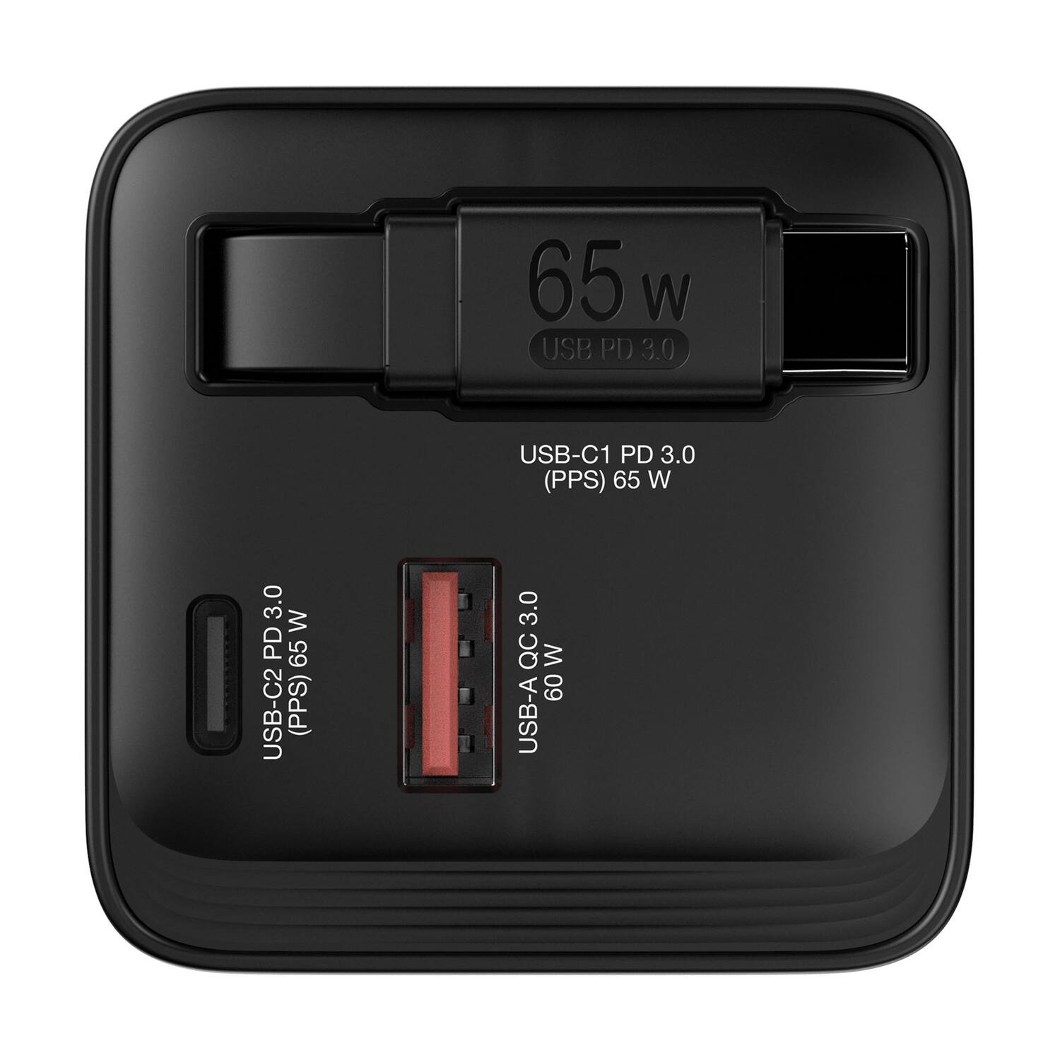 65W  
USB PD 3.0  

USB-C1 PD 3.0 (PPS) 65W  
USB-C2 PD 3.0 (PPS) 65W  
USB-A QC 3.0 60W
