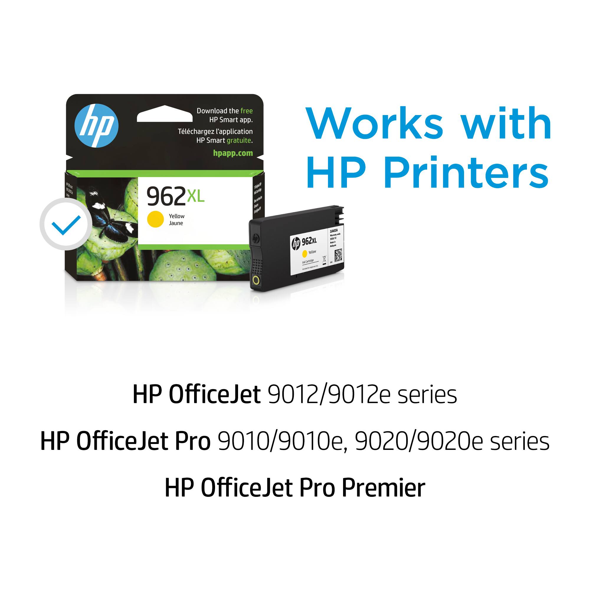 The text on the image is grouped and corrected as follows:

"Works with HP Smart app. Download the free HP Smart app at hpapp.com. HP Printers 962XL Yellow - - M 962g 1 - We HP OfficeJet 9012/9012e series HP OfficeJet Pro 9010/9010e, 9020/9020e series HP OfficeJet Pro Premier"