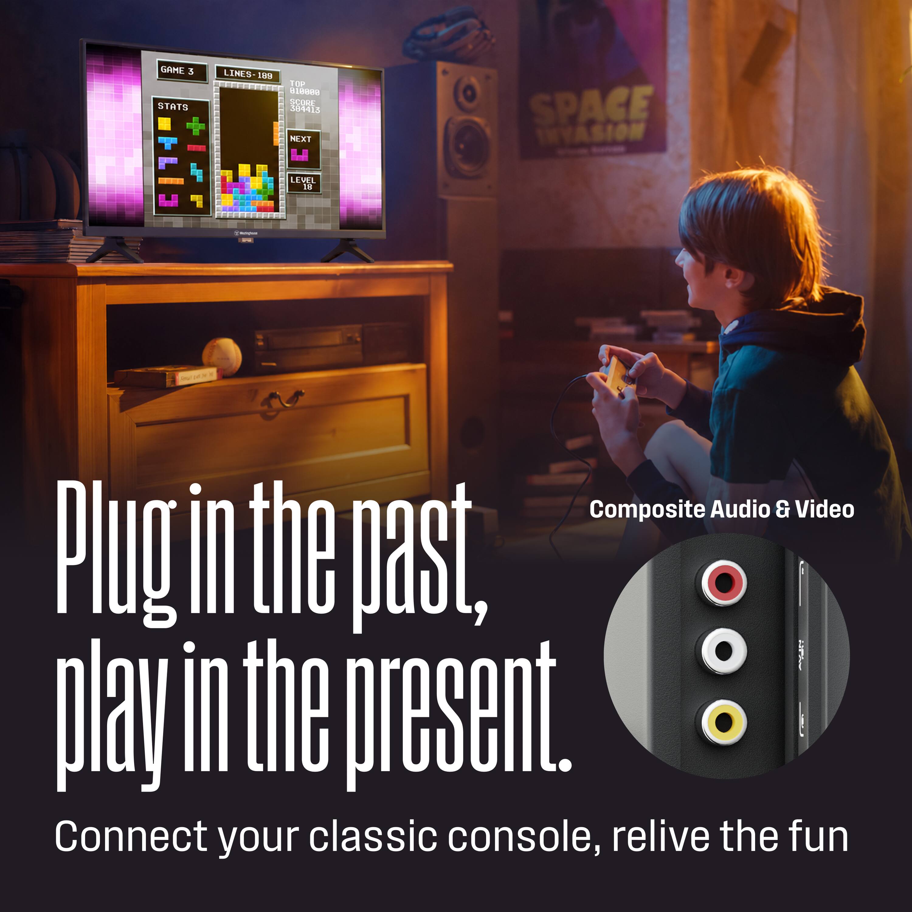 GAME 3 STATS  
LINES: 189  
TOP 818888 SCORE 384413 NEXT  
SPACE INVASION  
LEVEL 18  

"VelloPeon M  
Composite Audio & Video  
Plug in the past, play in the present.  
Connect your classic console, relive the fun