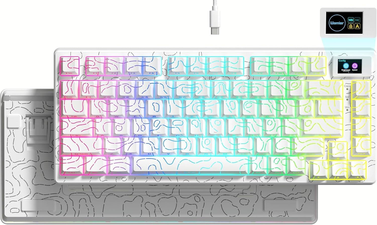 Sure, here is the corrected and grouped text from the image:

**Top Left:**
- WIN
- MAC

**Top Right:**
- Wamier
- A

**Right Side:**
- Configure
- Brightness
- Speed

**Bottom Right:**
- Caps
- Scr
- Win

**Keyboard Layout:**
- Q W E R T Y U I O P
- A S D F G H J K L
- Z X C V B N M

**Other:**
- Tab
- Shift
- Ctrl
- Alt
- Space

This text is organized based on the layout and grouping visible in the image.