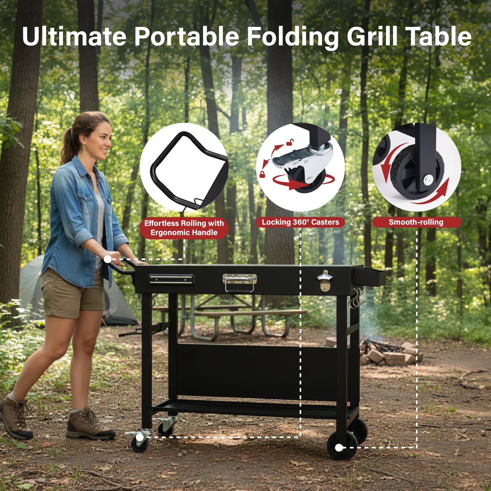 Ultimate Portable Folding Grill Table

Effortless Rolling with Ergonomic Handle

Locking 360° Casters

Smooth-rolling