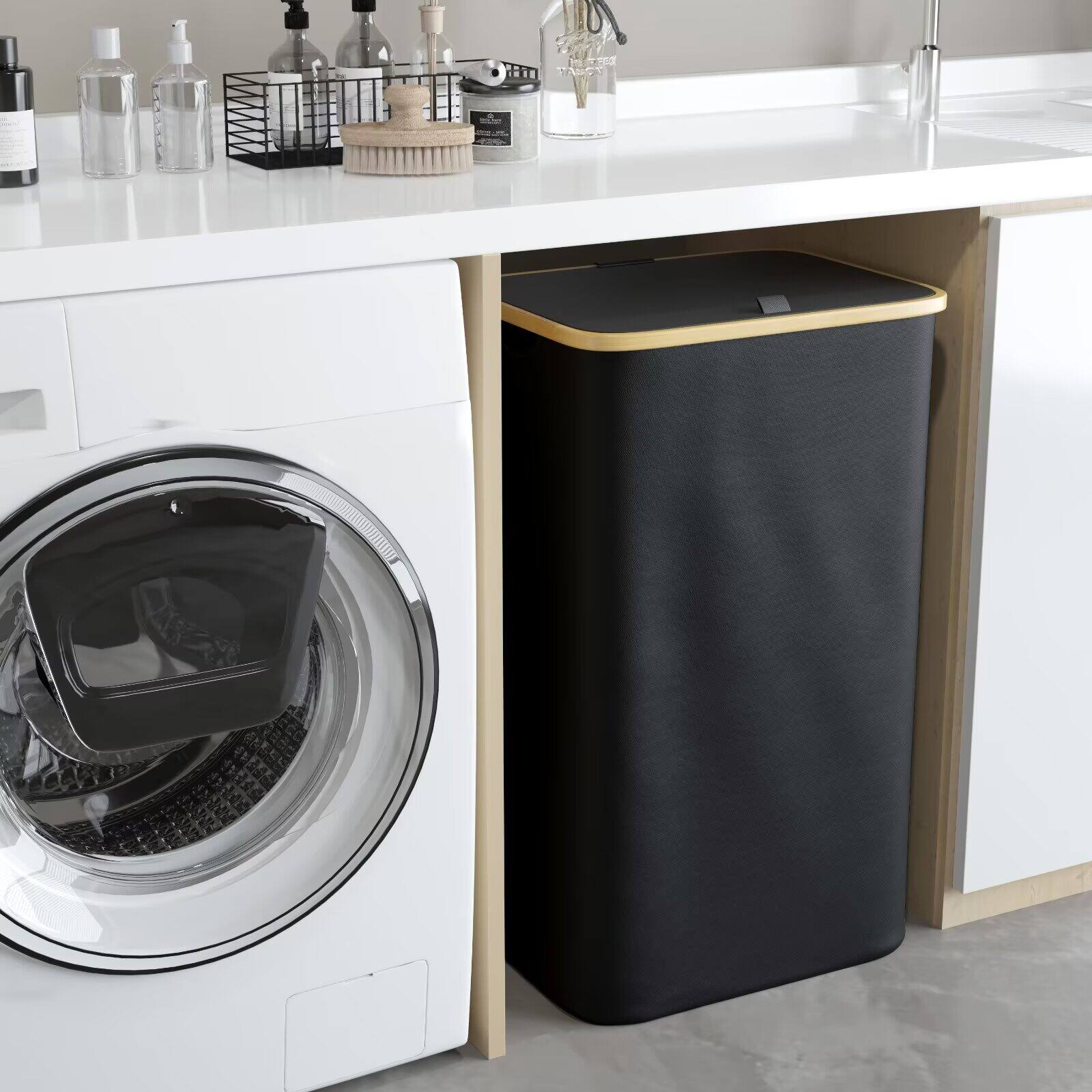 Alt View 1. Tooloton - Large 110L Collapsible Laundry Hamper with Lid and Bamboo Handles, Tall Clothes Basket in Black - Black.