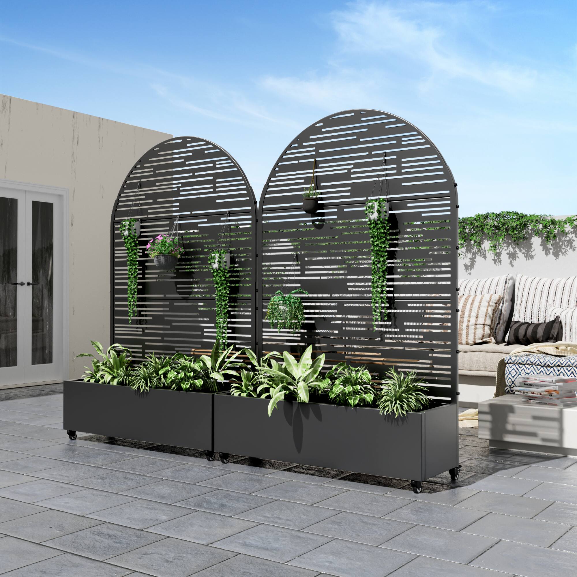 Alt View 1. PexFix - 72 in. H x 47 in. W Shine Pattern Arch Metal Planter Box Raised Garden Beds with Trellis-Ideal for Balcony - Black.