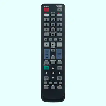 POWER
INPUT SELECT TV SOURCE
1 2 3
4 5 6
7 8 9
PROLOGIC AUDIO ASSIGN DSP 0
VOL MUTE + VOL ASC TUNING CH TuNEa MEMORY SUB WOOFER MO/ST
SETUP/MENU HN INFO I RETURN C EXIT + BD/DVD SAT TV Co MULTI CH AUX iPod
AMP/TV DIMMER BDFDVD 1 2 3 4 5 6 SLEEP 7 8 9 PROLOGIC AUDIOASSIGN DSP 0 44 M 44 " MUTE + VOL ASC TUNING CH TuNEa MEMORY SUB WOOFER MO/ST SETUPIMENU HN INFO I RETURN C EXIT + BD/DVD SAT TV Co MULTI CH AUX iPod