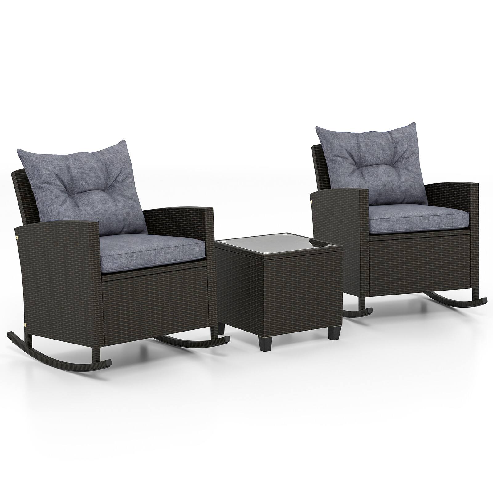 Alt View 9. Costway - Costway 3PCS Patio Wicker Rocking Set with Tempered Glass Table & Soft Cushions Outdoor - Mix Brown+Gray.
