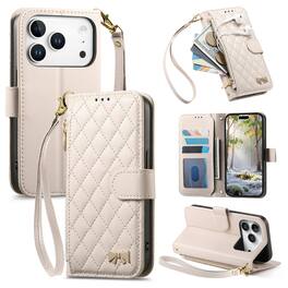 Dteck - Zipper Wallet Case for Apple iPhone 17 Pro Max,PU Leather Flip Cover with Wrist Strap,Magnetic Snap Shockproof Case - White