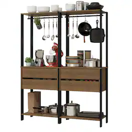 Madesa - Kitchen Pantry Storage Rack with 4 Drawers and Hanging Spaces 55"L Multiuse Cabinet for Kitchen - Black/Brown - Brown