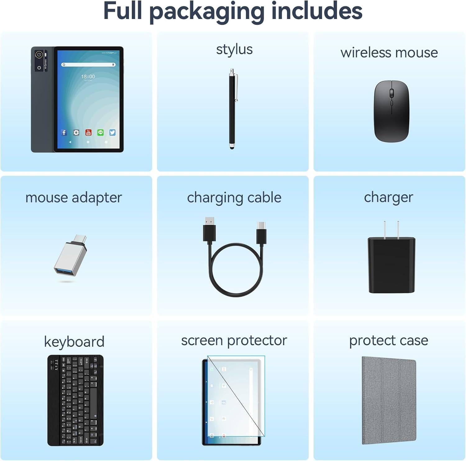 Full packaging includes:

- CNPA stylus
- Wireless mouse
- Mouse adapter
- Charging cable
- Charger
- Keyboard
- Screen protector
- Protect case