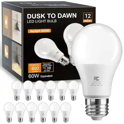100g m O3CH 1 LabLies Butth en Dusk UNSO
DUSK TO DAWN LED LIGHT BULB
12 PACK
daylight 5000K
Brightness 800 Lumens
Estimated Energy Cost $1.08 per year
60W Equivalent
FC L8-A19S-9W (Dusk To Dawn) 9W 120V 60Hz
