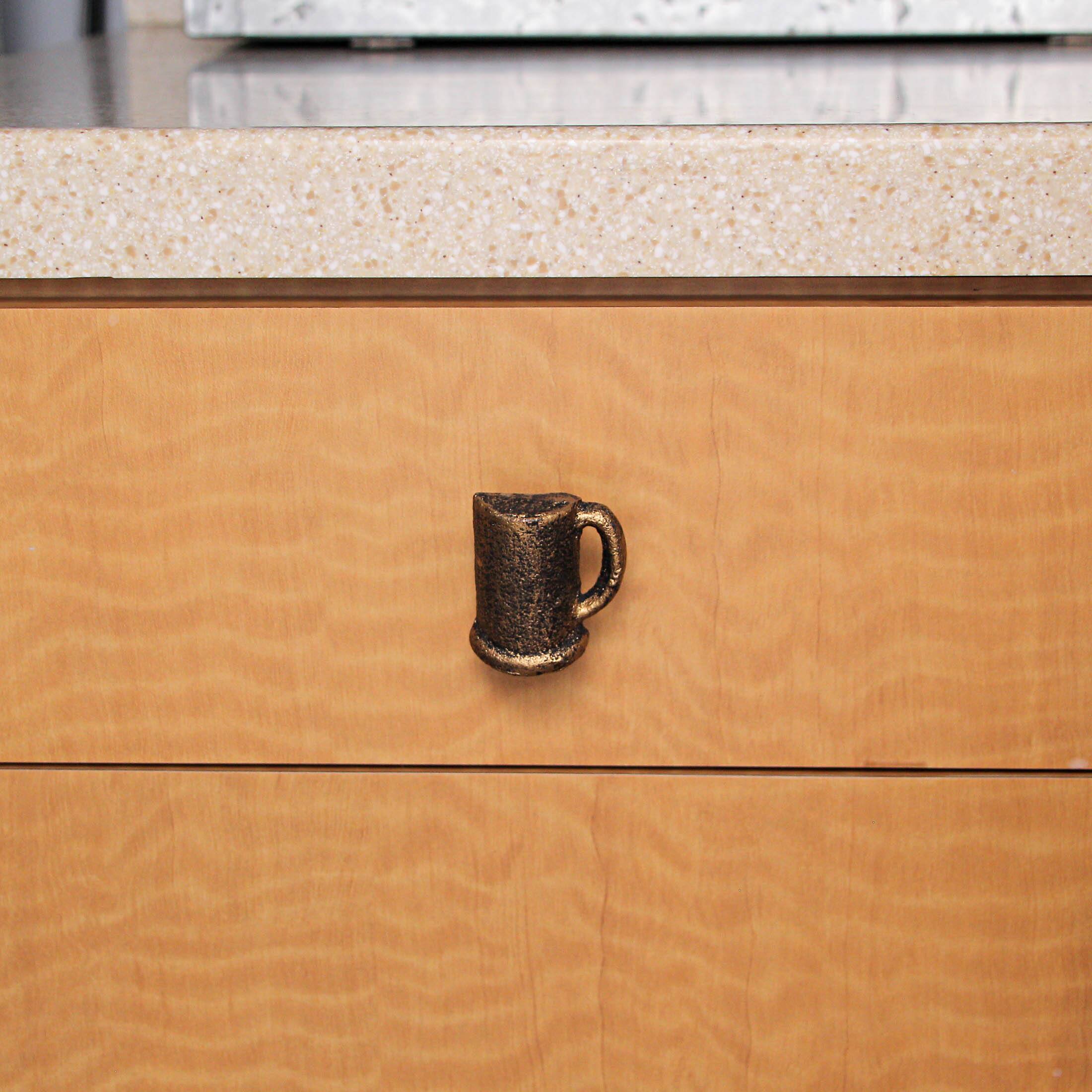 Alt View 5. Zeckos - Antique Gold Finish Cast Iron Beer Mug Cabinet Knob Drawer Pulls Set of 6 - Gold.