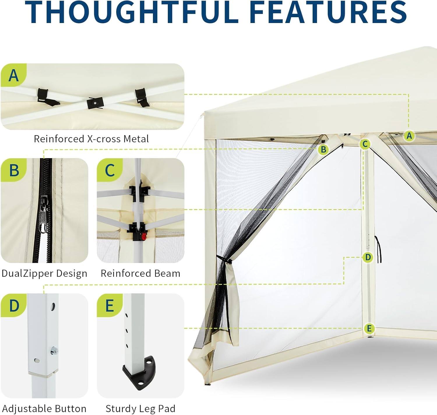 THOUGHTFUL FEATURES

A. Reinforced X-cross Metal  
B. DualZipper Design  
C. Reinforced Beam  
D. Adjustable Button  
E. Sturdy Leg Pad