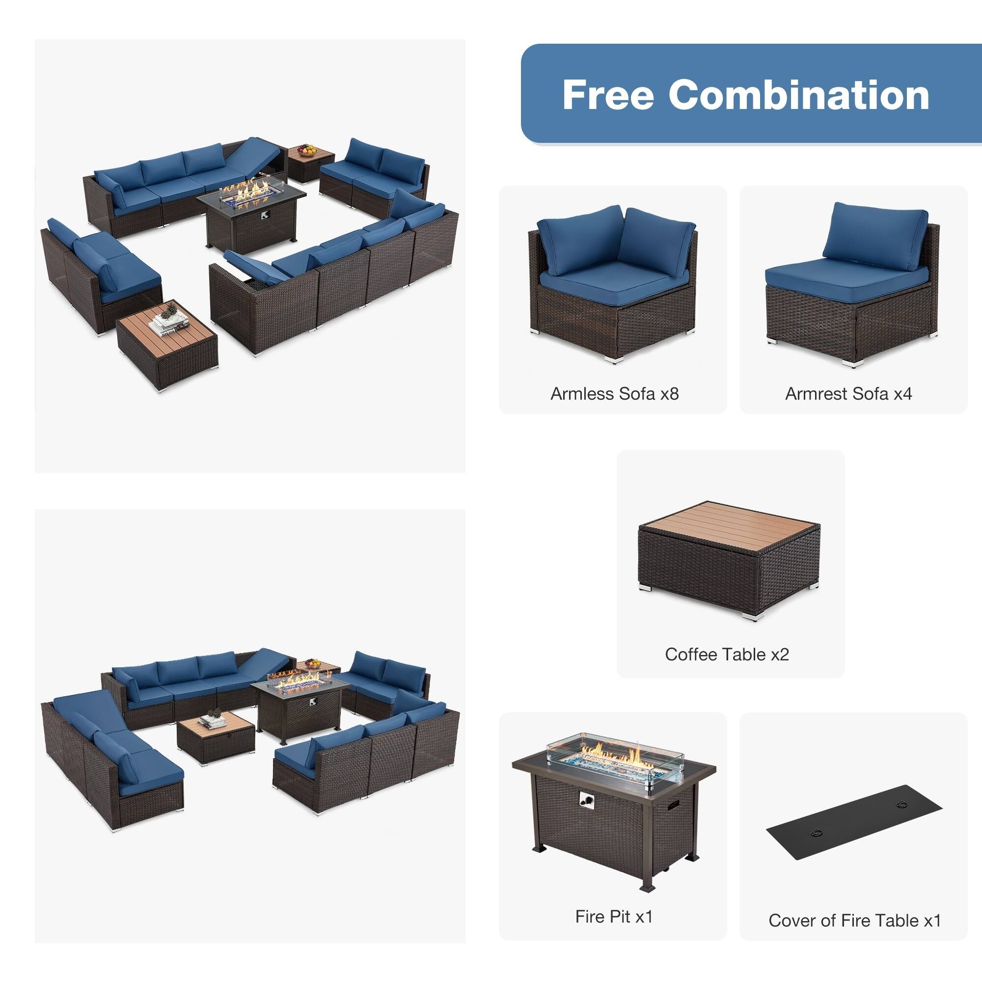 Free Combination

- Armless Sofa x8
- Armrest Sofa x4
- Coffee Table x2
- Fire Pit x1
- Cover of Fire Table x1