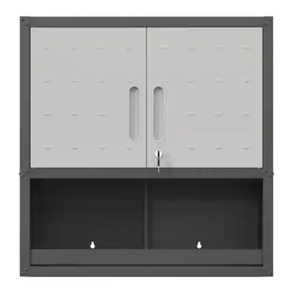Front. ALEXOUN - Metal Wall-Mounted Tool Storage Cabinet - with Locking Door, 1 Shelf & 1 Open Drawer, for Garage, Office, Warehouse - Gray.
