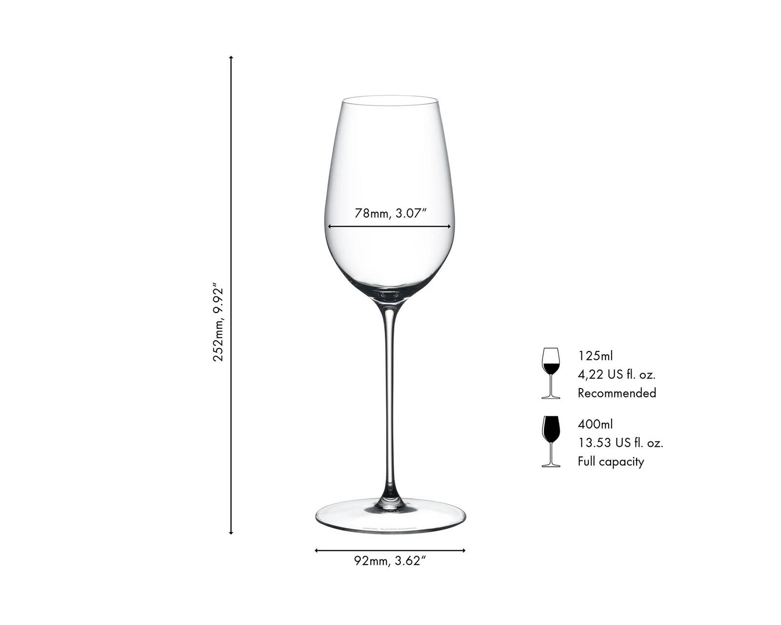 78mm, 3.07"  
9.92" 252mm,  
125ml 4.22 US fl. oz. Recommended  
400ml 13.53 US fl. oz. Full capacity  
92mm, 3.62"
