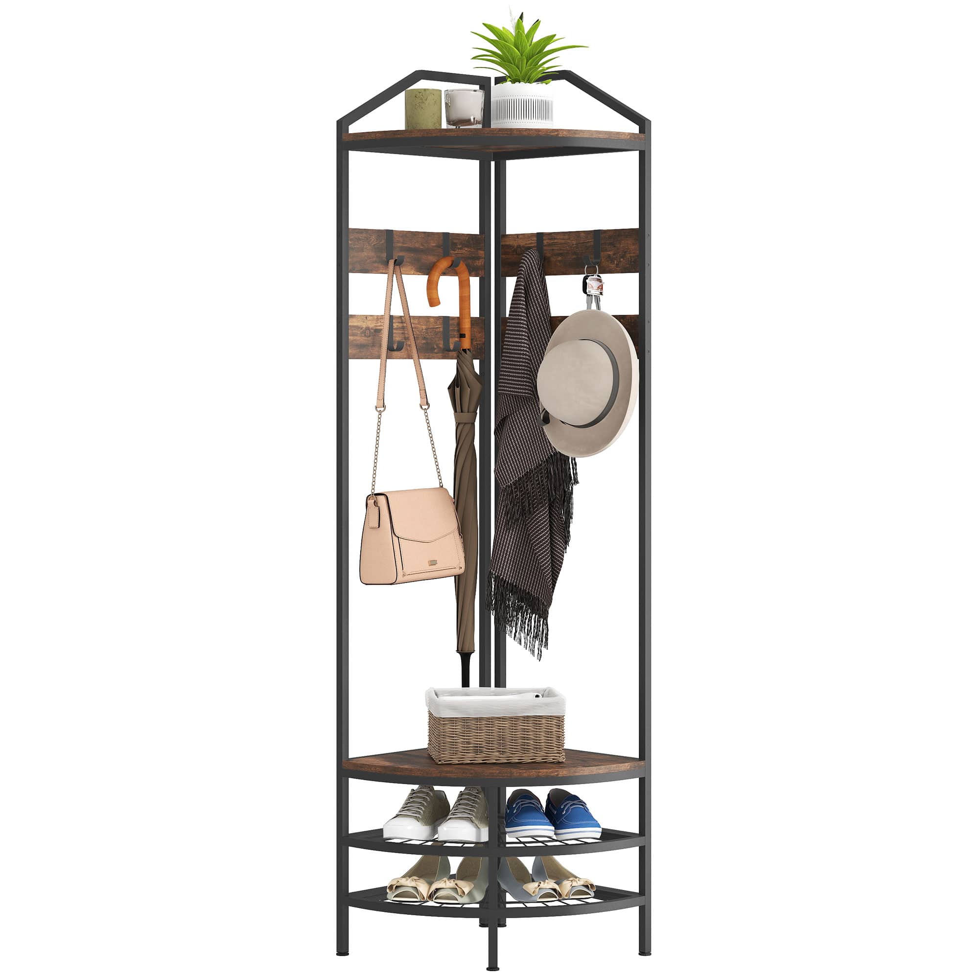Homcom - Hall Tree, Industrial 4-Tier Coat Rack with Shoe Storage, 8 Movable Hooks and 2 Shelves for Hallway - Rustic Brown