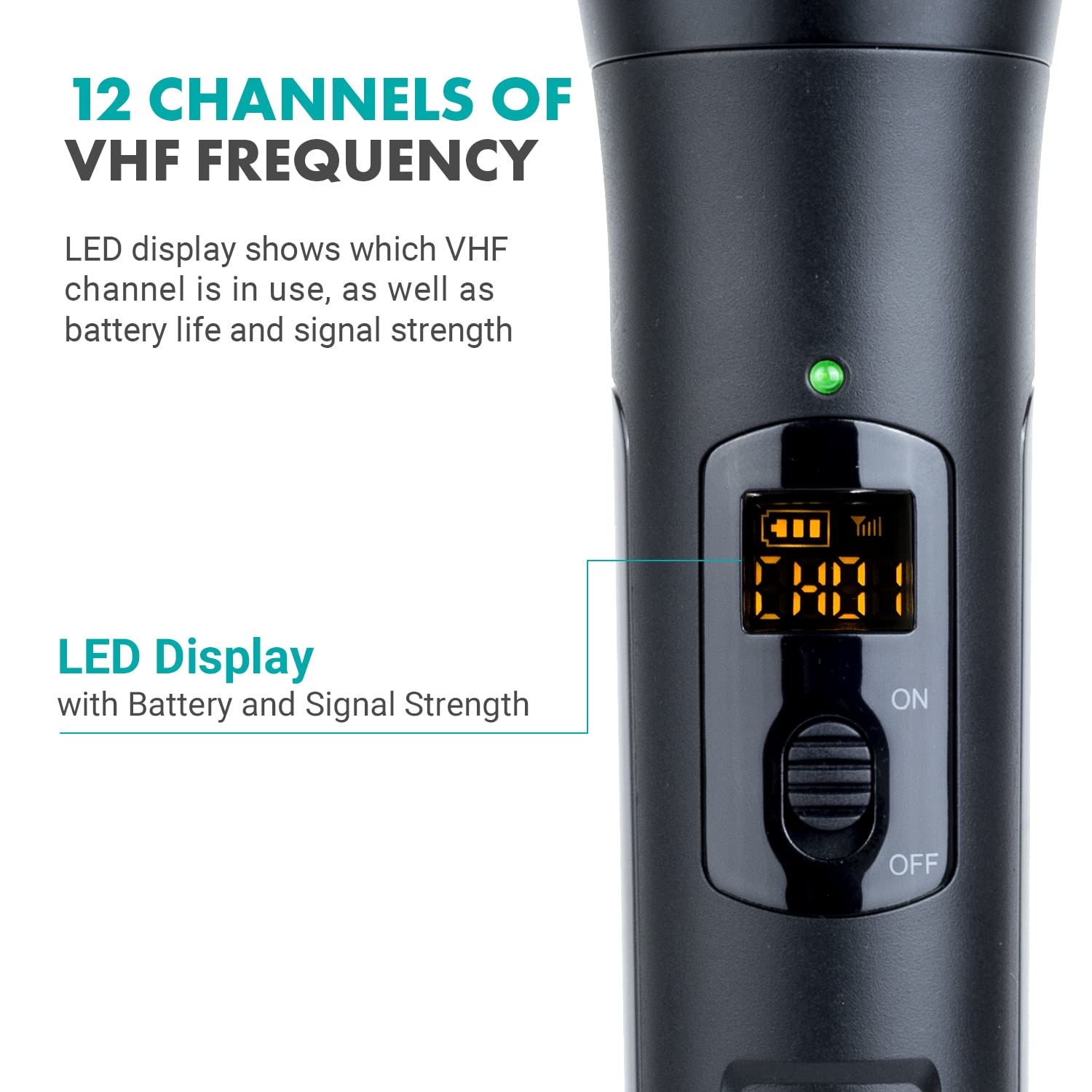 12 CHANNELS OF VHF FREQUENCY

LED display shows which VHF channel is in use, as well as battery life and signal strength

LED Display with Battery and Signal Strength