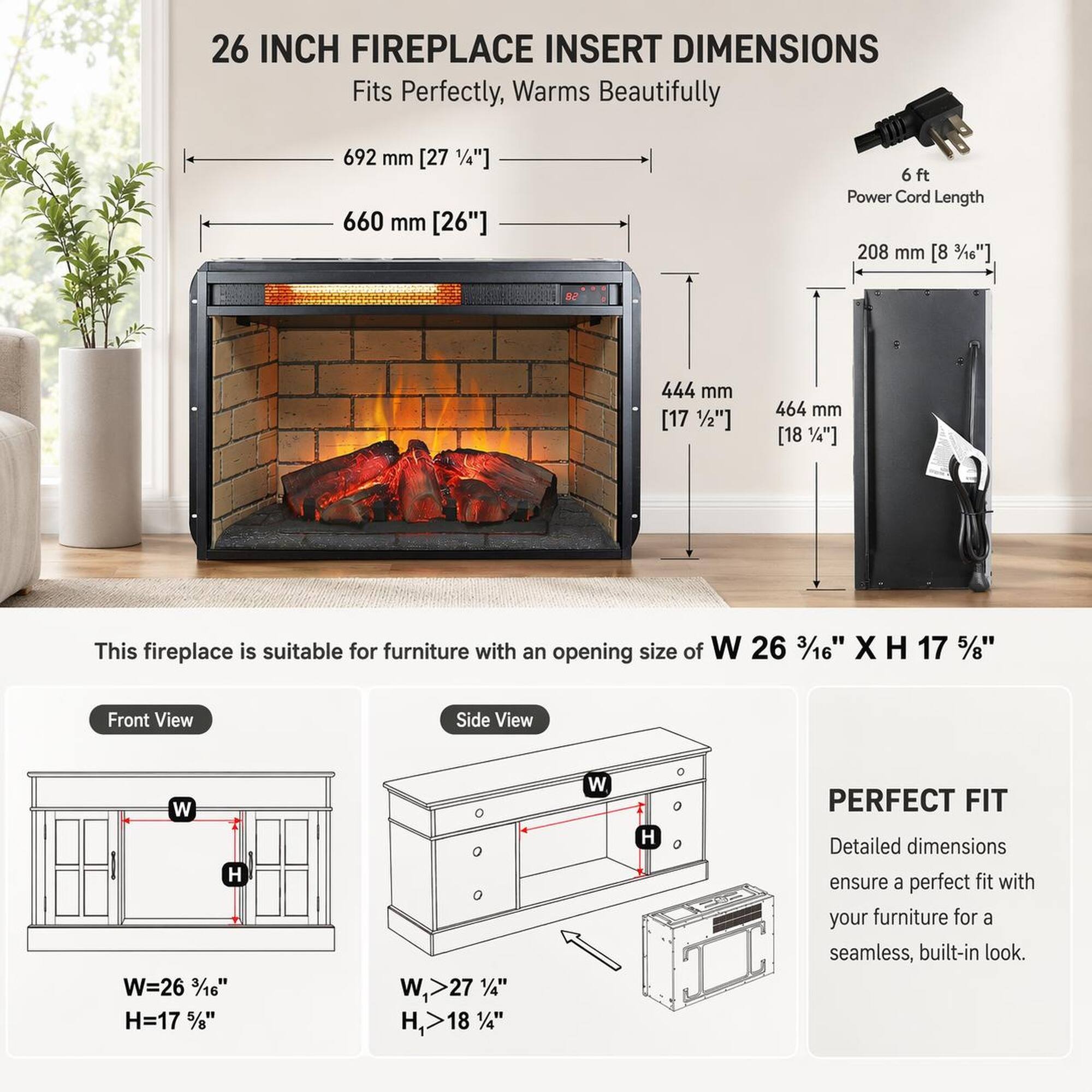 26 INCH FIREPLACE INSERT DIMENSIONS

Fits Perfectly, Warms Beautifully

- 692 mm [27 1/4"]
- 660 mm [26"]
- 6 ft Power Cord Length
- 208 mm [8 1/4"]
- 444 mm [17 1/2"]
- 464 mm [18 1/4"]

This fireplace is suitable for furniture with an opening size of W 26 3/16" X H 17 5/8"

Front View
- W=26 3/16"
- H=17 5/8"

Side View
- W=27 1/4"
- H=18 1/4"

PERFECT FIT

Detailed dimensions ensure a perfect fit with your furniture for a seamless, built-in look.