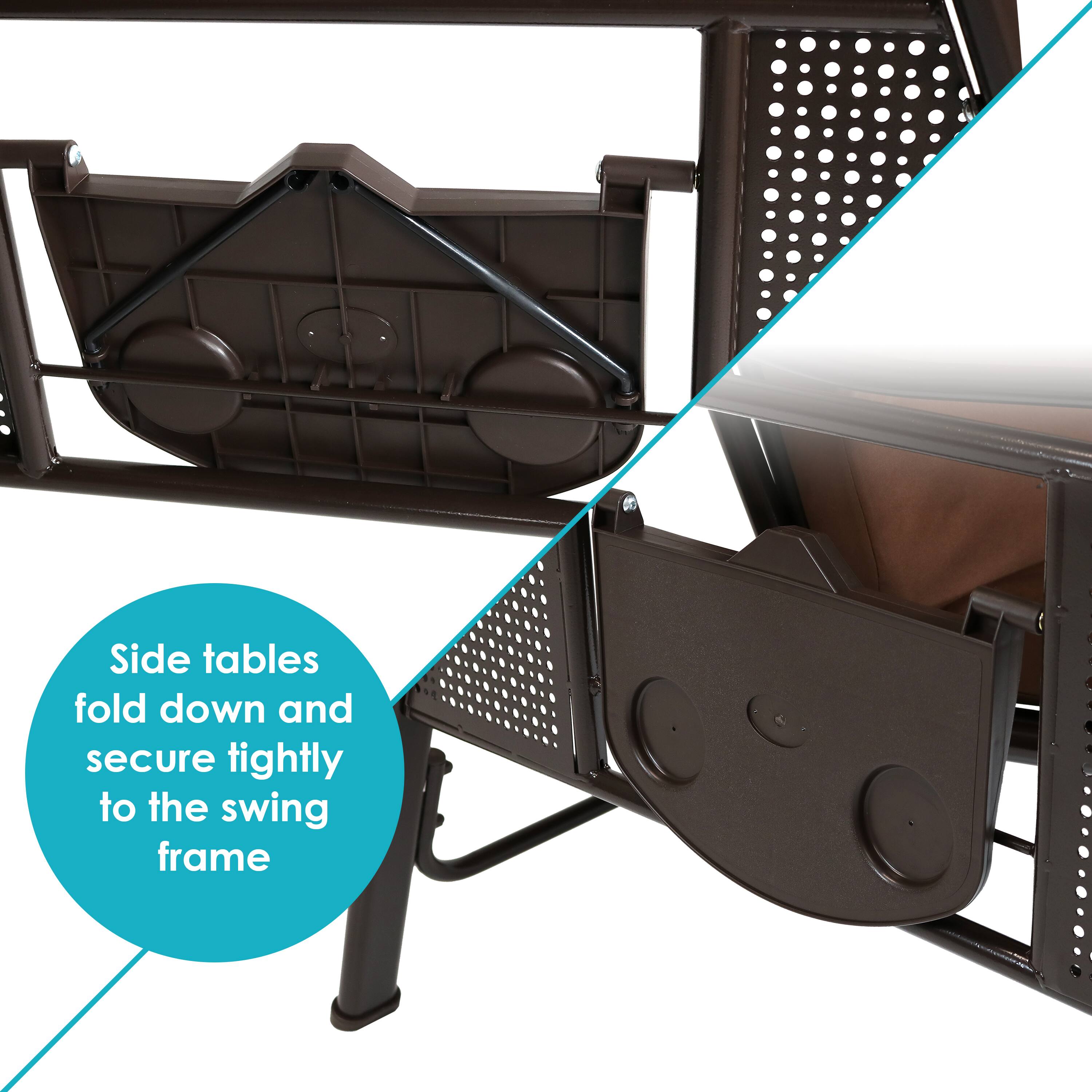Side tables fold down and secure tightly to the swing frame