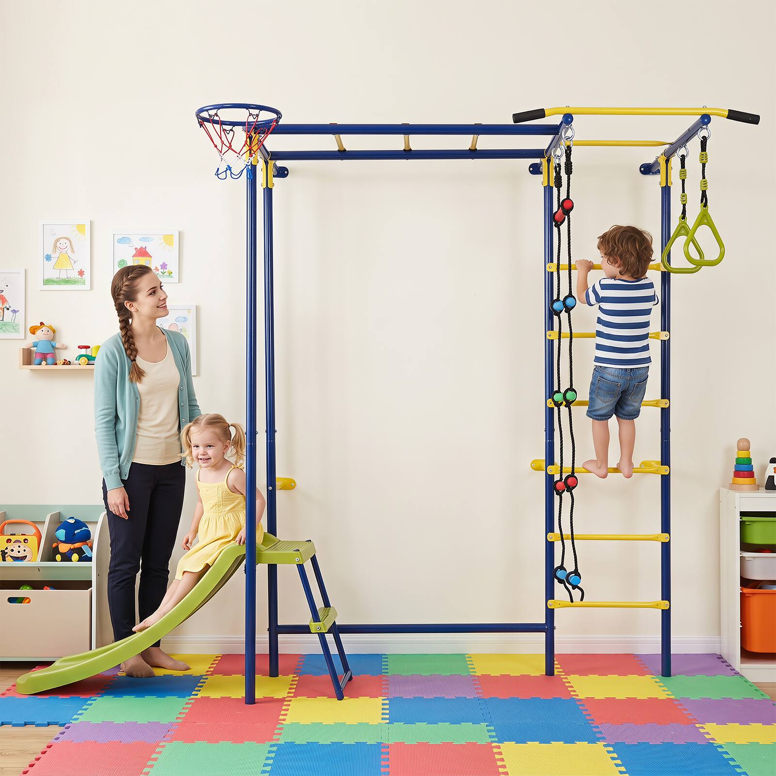Alt View 4. Costway - Costway 7-in-1 Indoor Jungle Gym for Toddlers, Swedish Ladder Wall Playset with Pull-Up Bar - Green, Blue, Yellow, Red.
