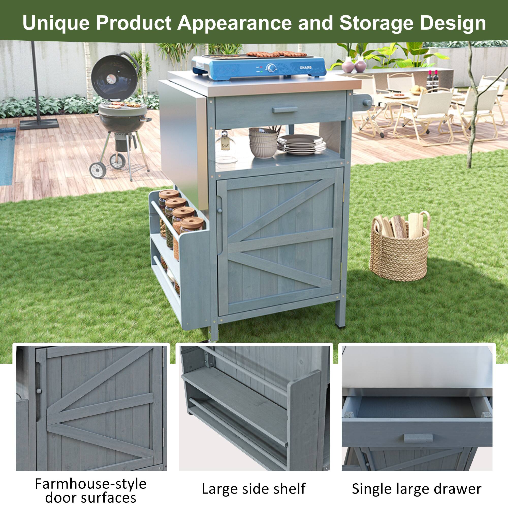 Unique Product Appearance and Storage Design

- Farmhouse-style door surfaces
- Large side shelf
- Single large drawer