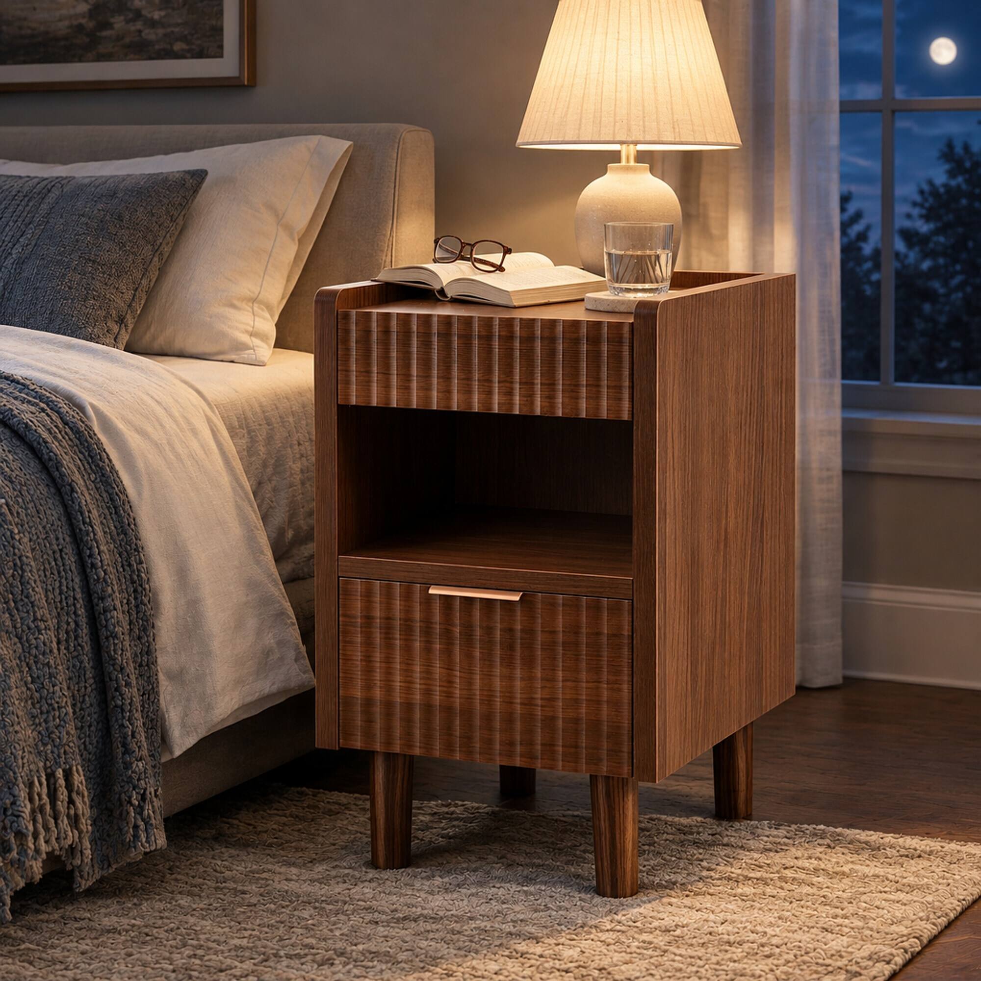 RYHNUYNE Brown Fluted Wood Nightstands, 2 Pack Bedside Tables, Drawer ...