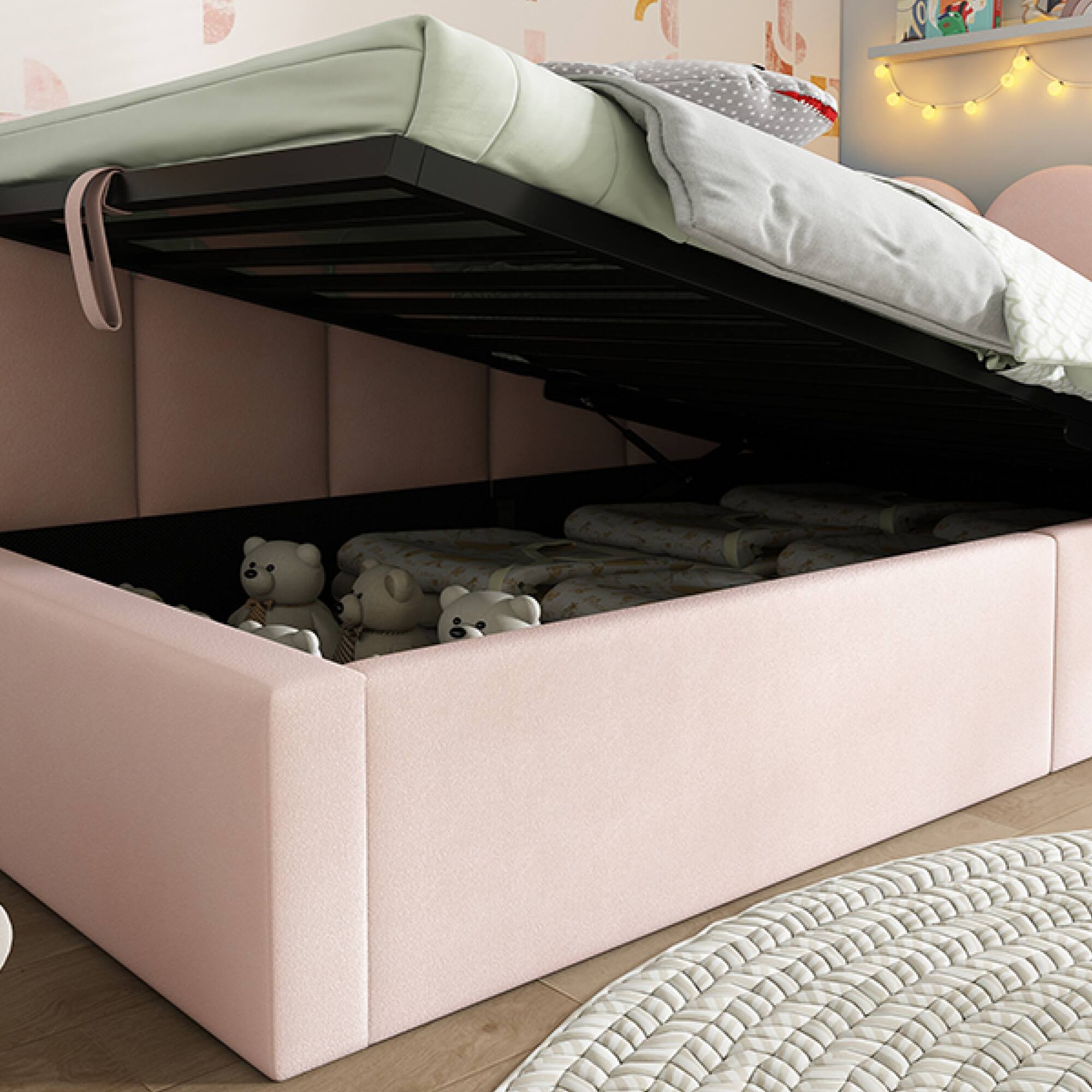 Back. GOODSILO - Upholstered Daybed with Hydraulic Storage, Twin Size Sofa Bed Frame with Metal Slats and Velvet Covering - Pink.